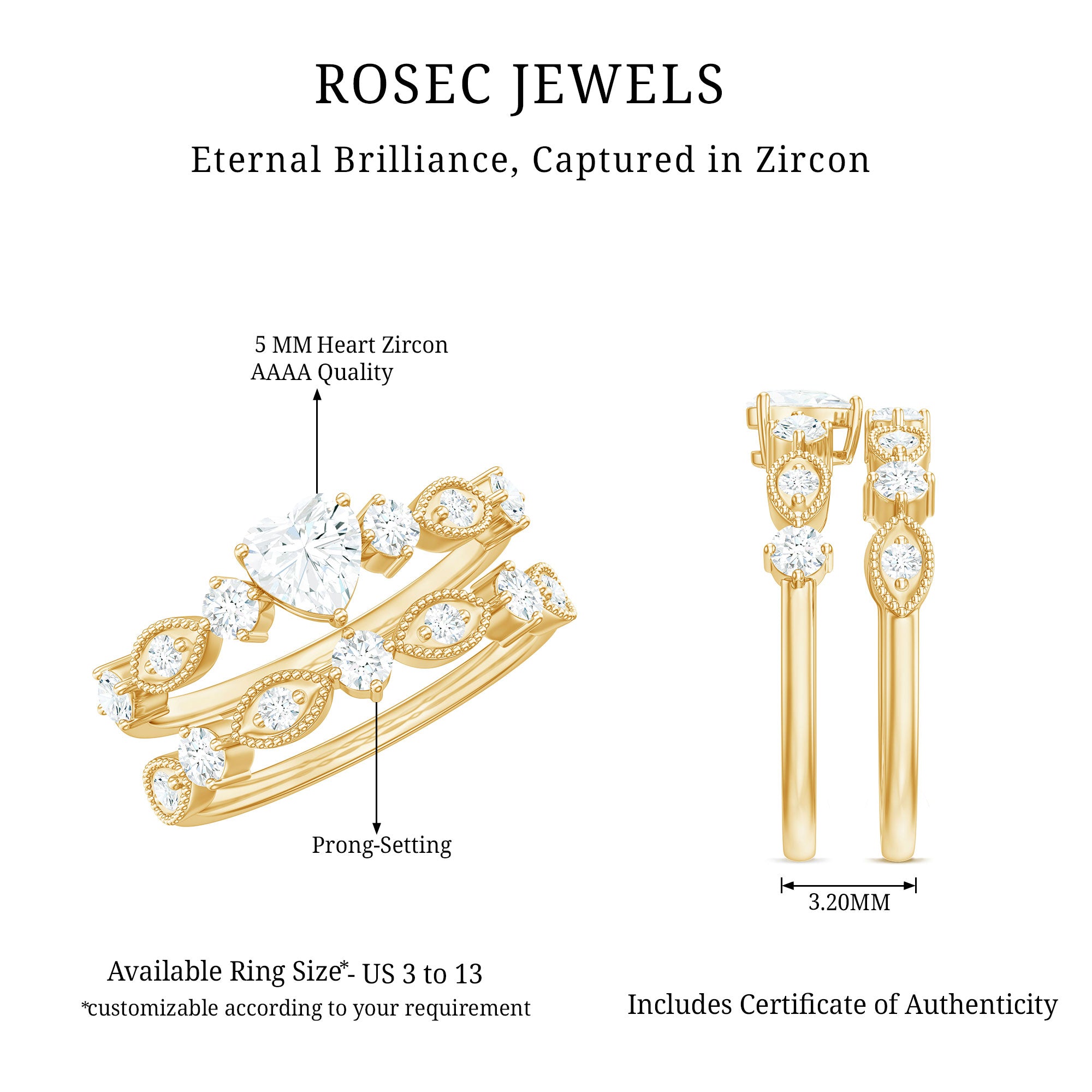 Zircon Bridal Wedding Ring Set with Matching Band AAAA - Rosec Jewels
