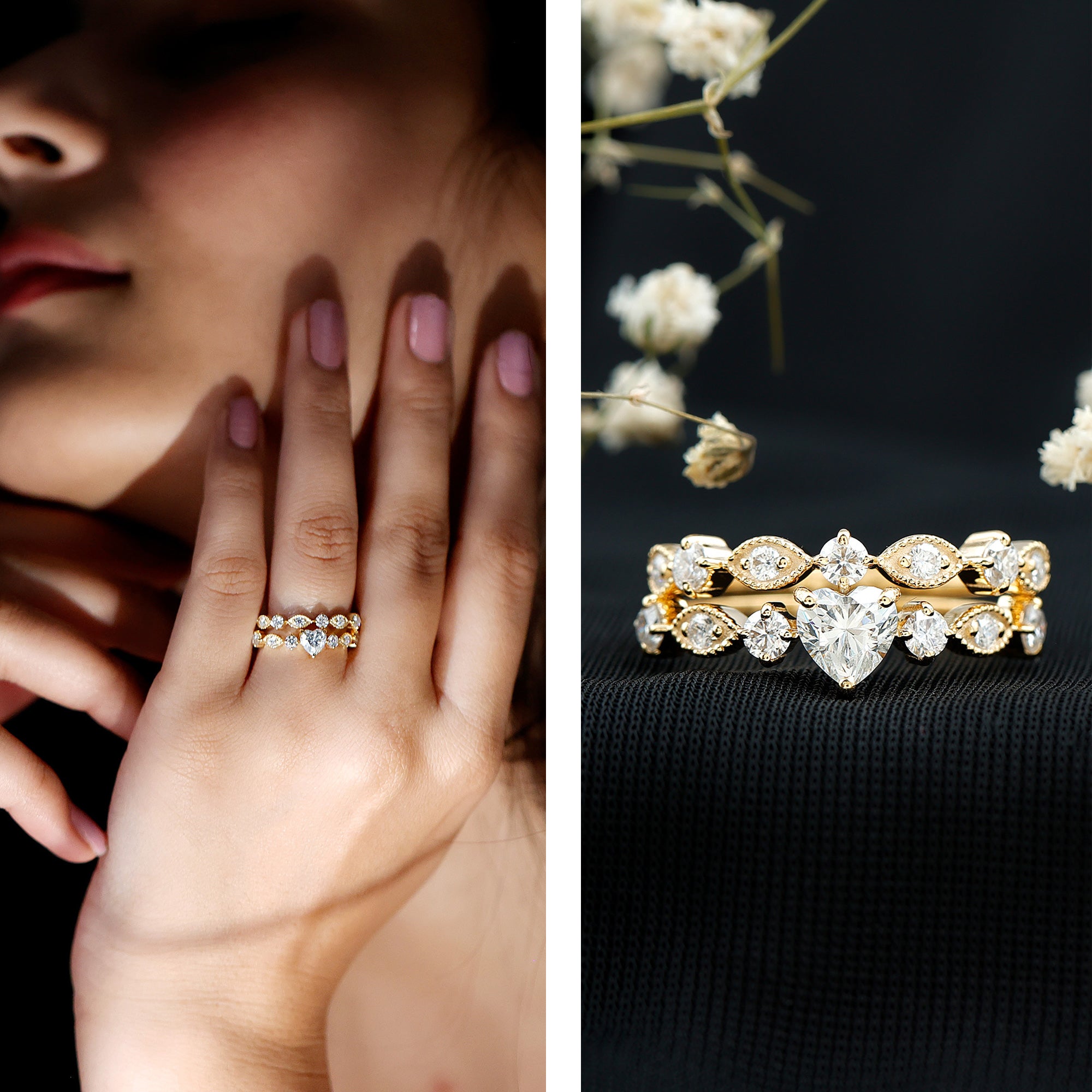 Zircon Bridal Wedding Ring Set with Matching Band AAAA - Rosec Jewels