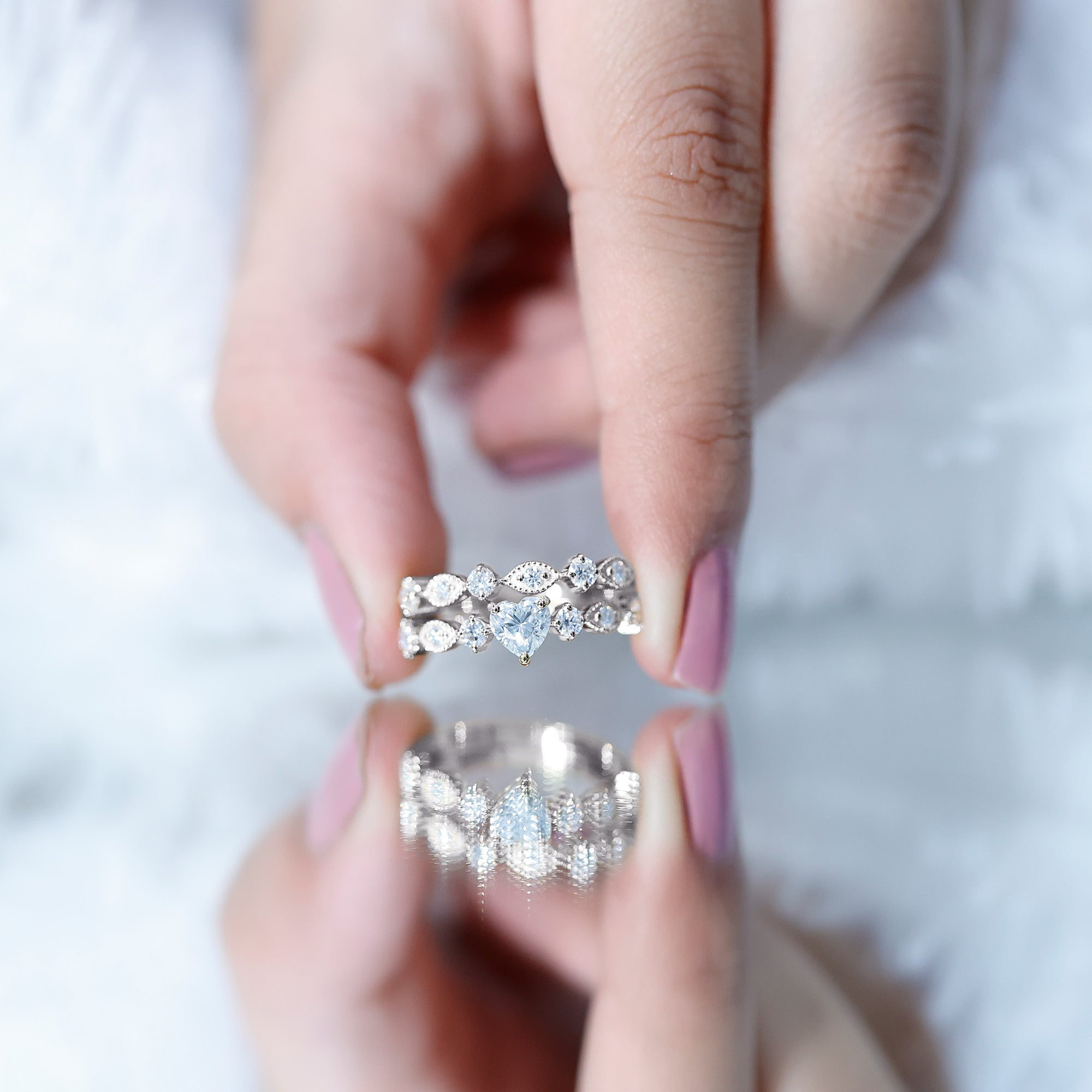Heart Shape Moissanite Vintage Wedding Ring Set D-VS1 - Rosec Jewels
