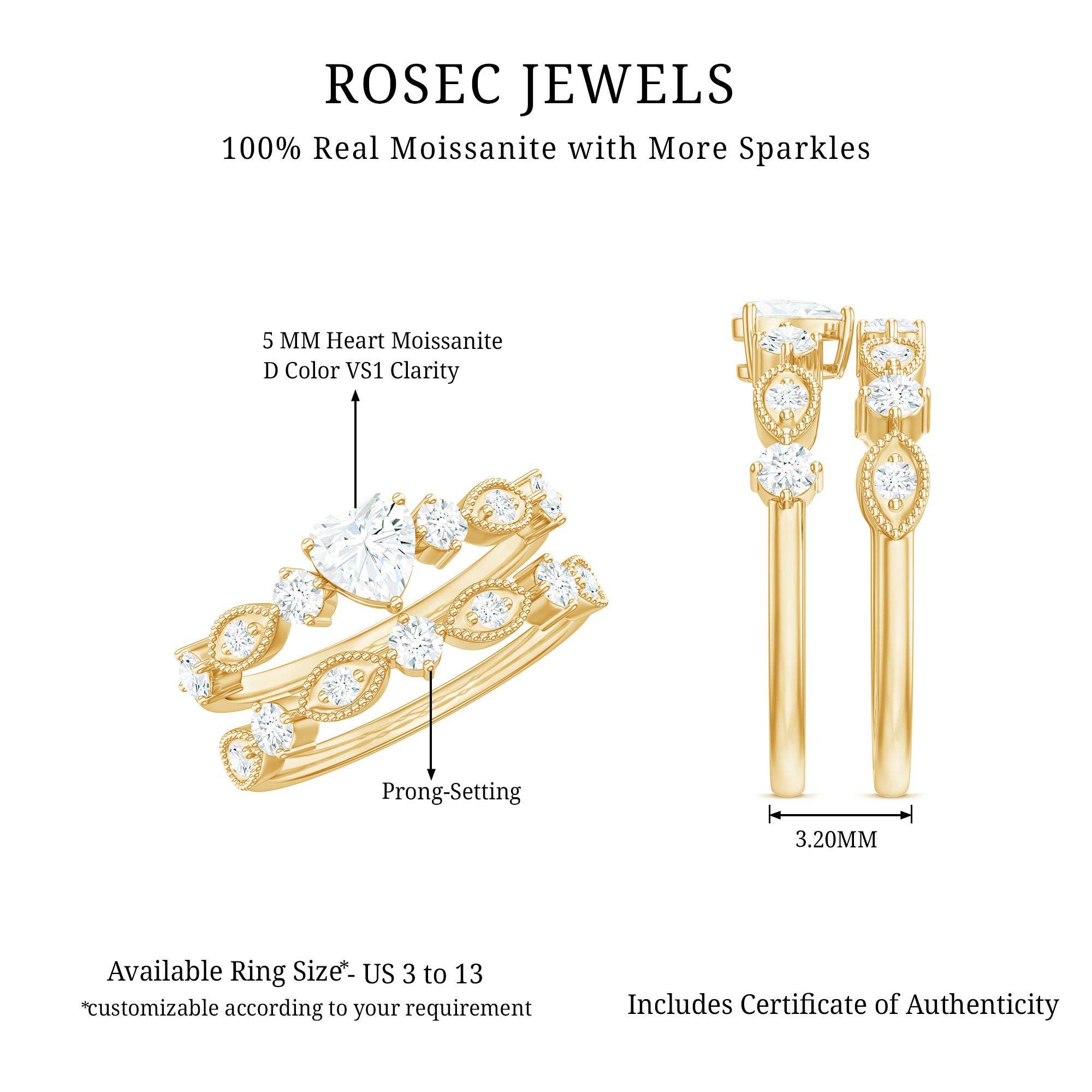 Heart Shape Moissanite Vintage Wedding Ring Set D-VS1 - Rosec Jewels