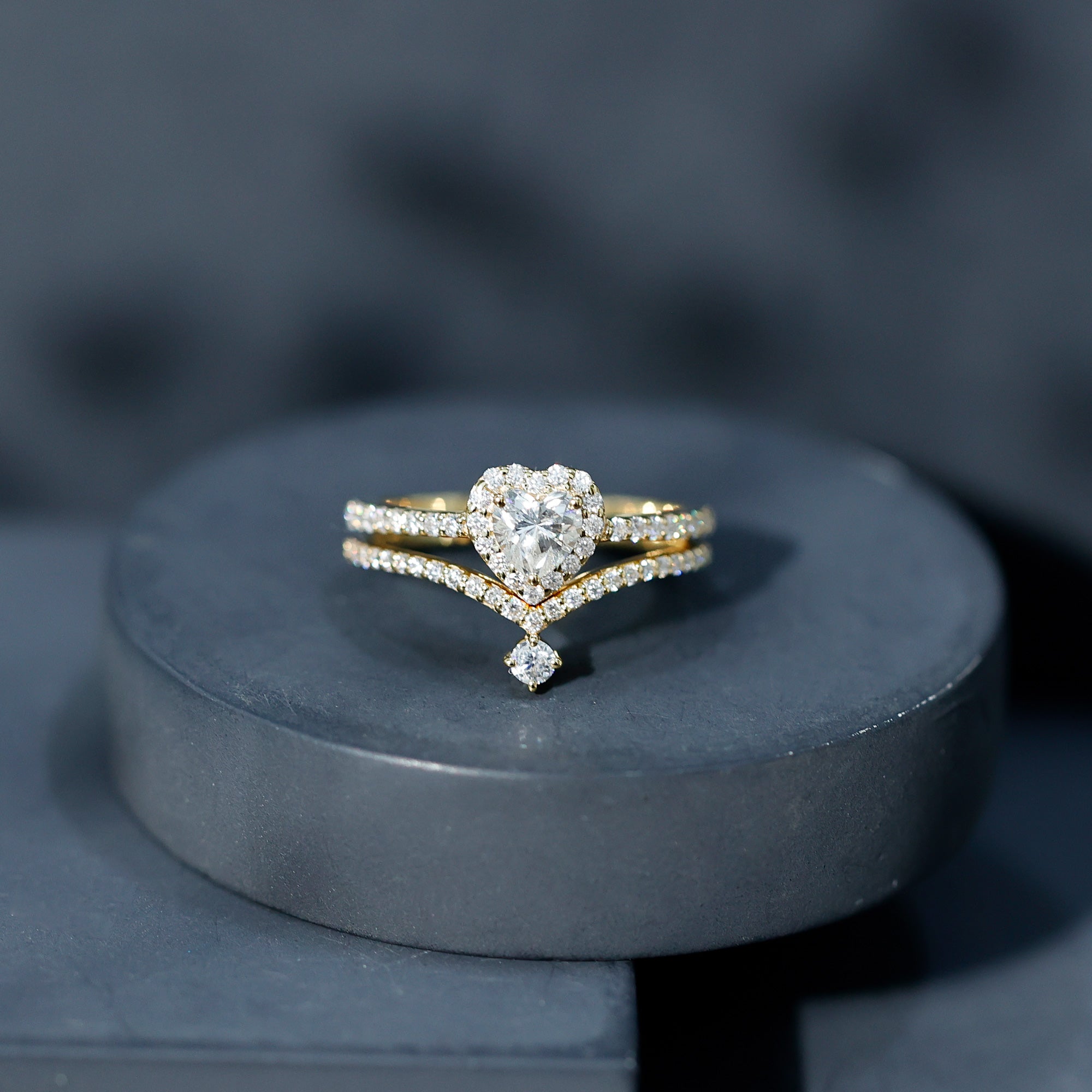 Cubic Zirconia Heart Ring Set with V Shape Band AAAA - Rosec Jewels