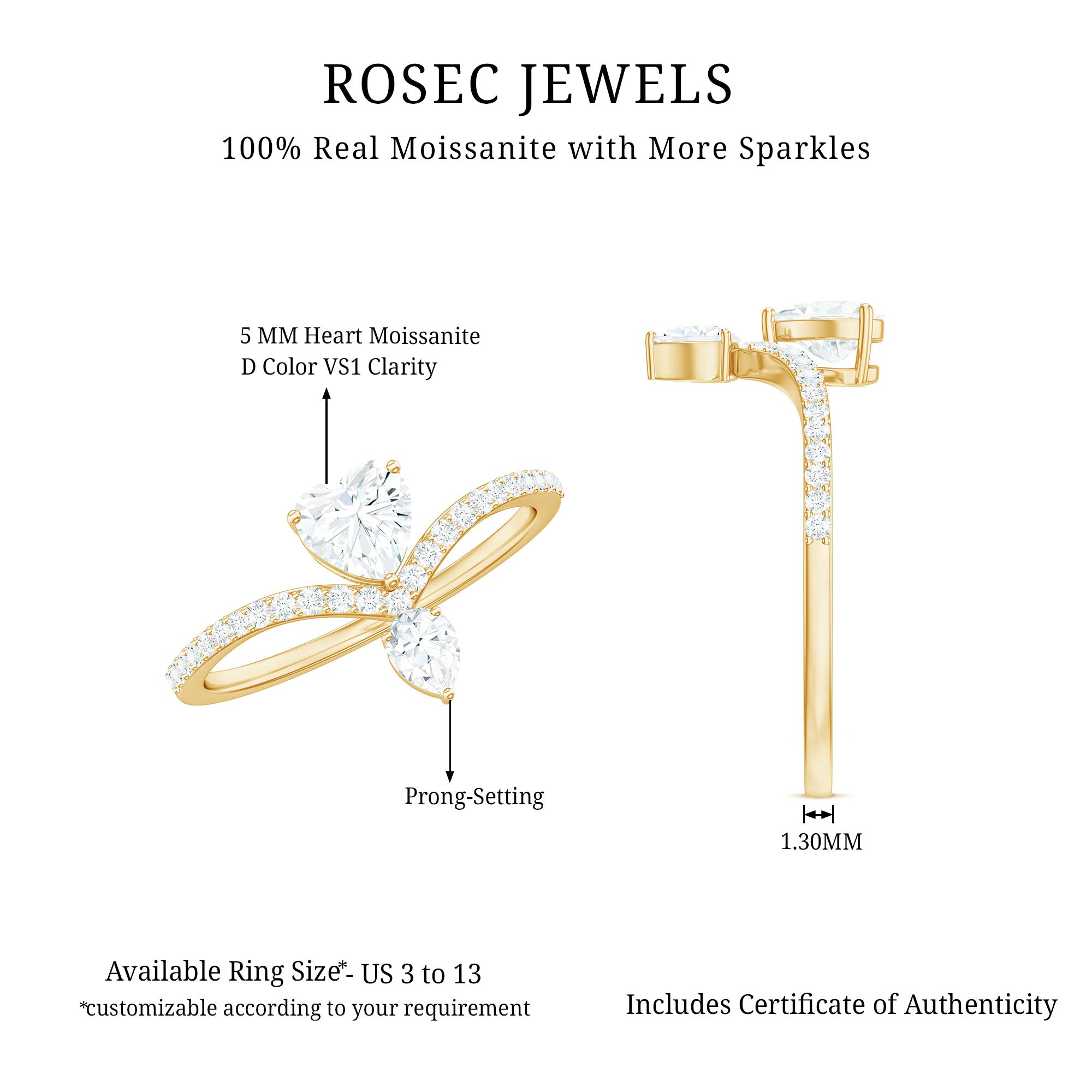 Designer Moissanite Heart Engagement Ring for Women D-VS1 - Rosec Jewels