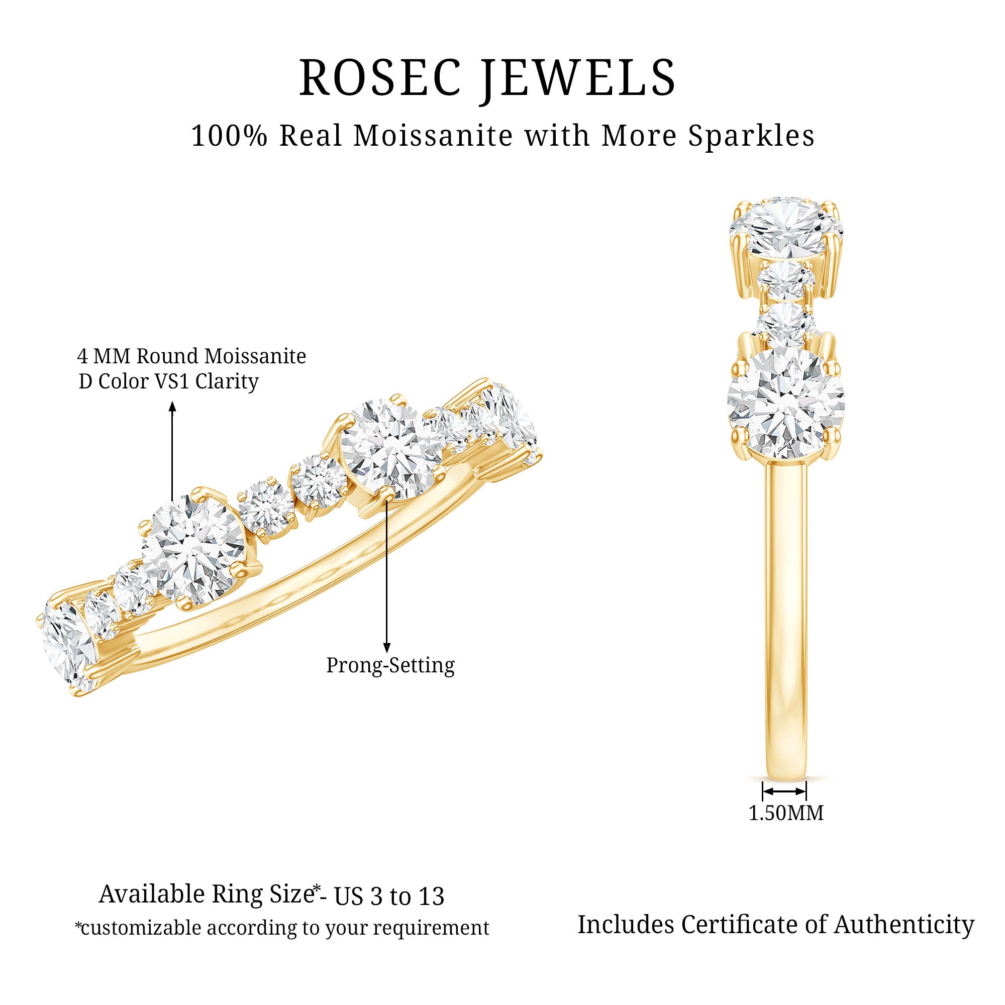 Round Moissanite Half Eternity Wedding Band D-VS1 - Rosec Jewels