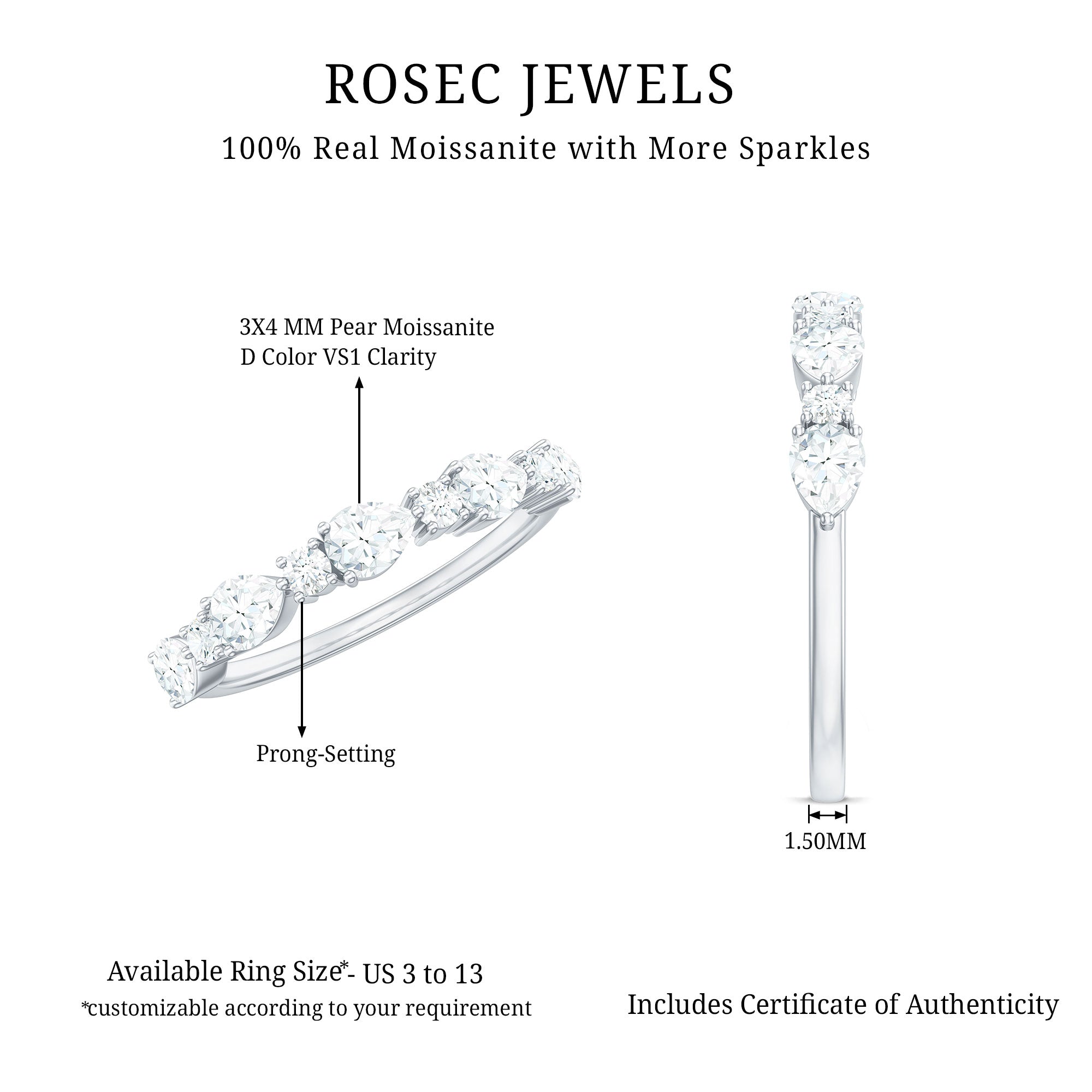 Certified Moissanite Half Eternity Stackable Ring for Women D-VS1 - Rosec Jewels