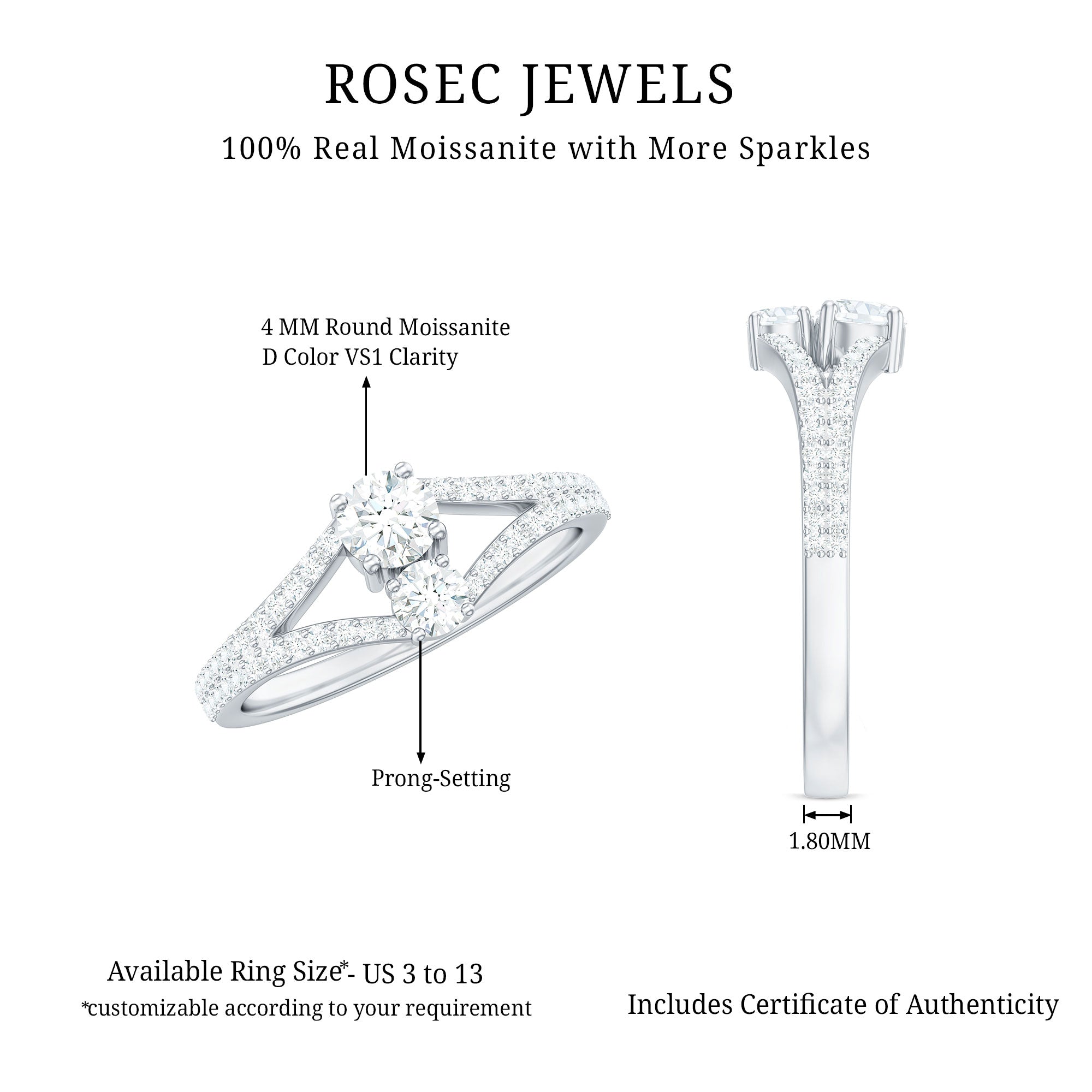 Rosec Jewels-Moissanite Toi et Moi Engagement Ring with Split Shank