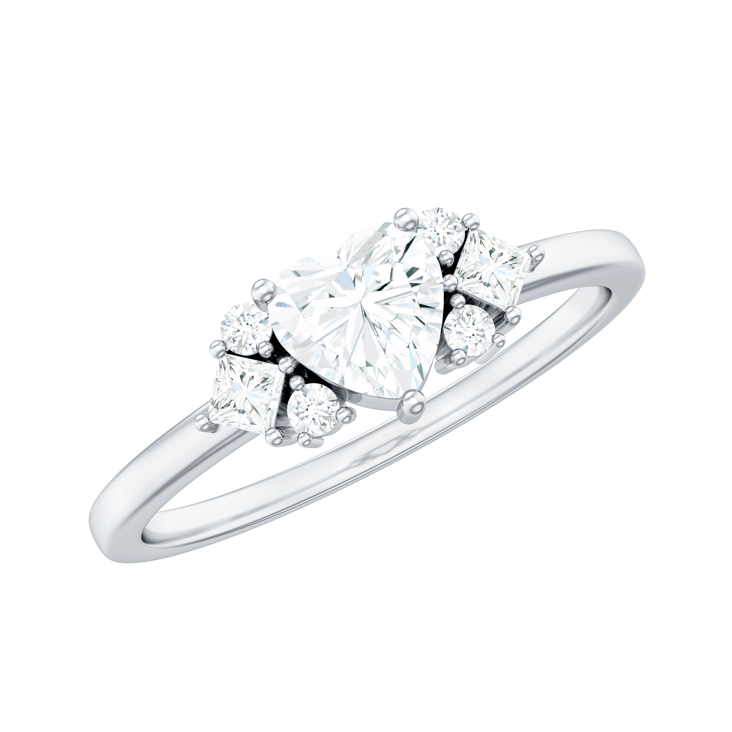 Heart Shape Moissanite Engagement Ring with Cluster Stones D-VS1 - Rosec Jewels