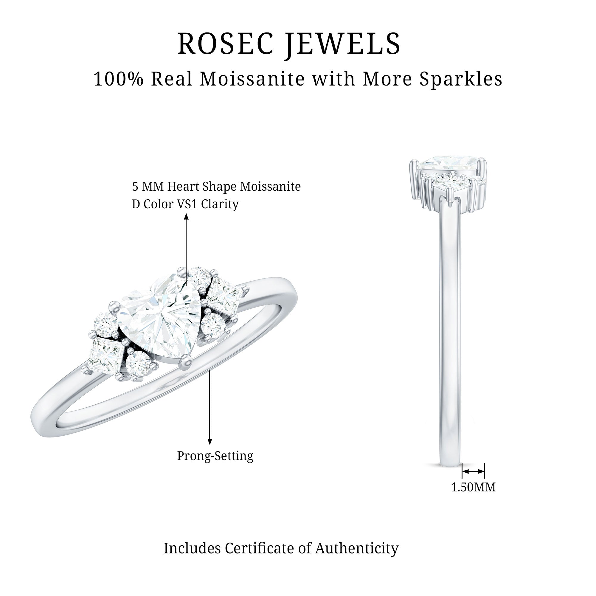Heart Shape Moissanite Engagement Ring with Cluster Stones D-VS1 - Rosec Jewels