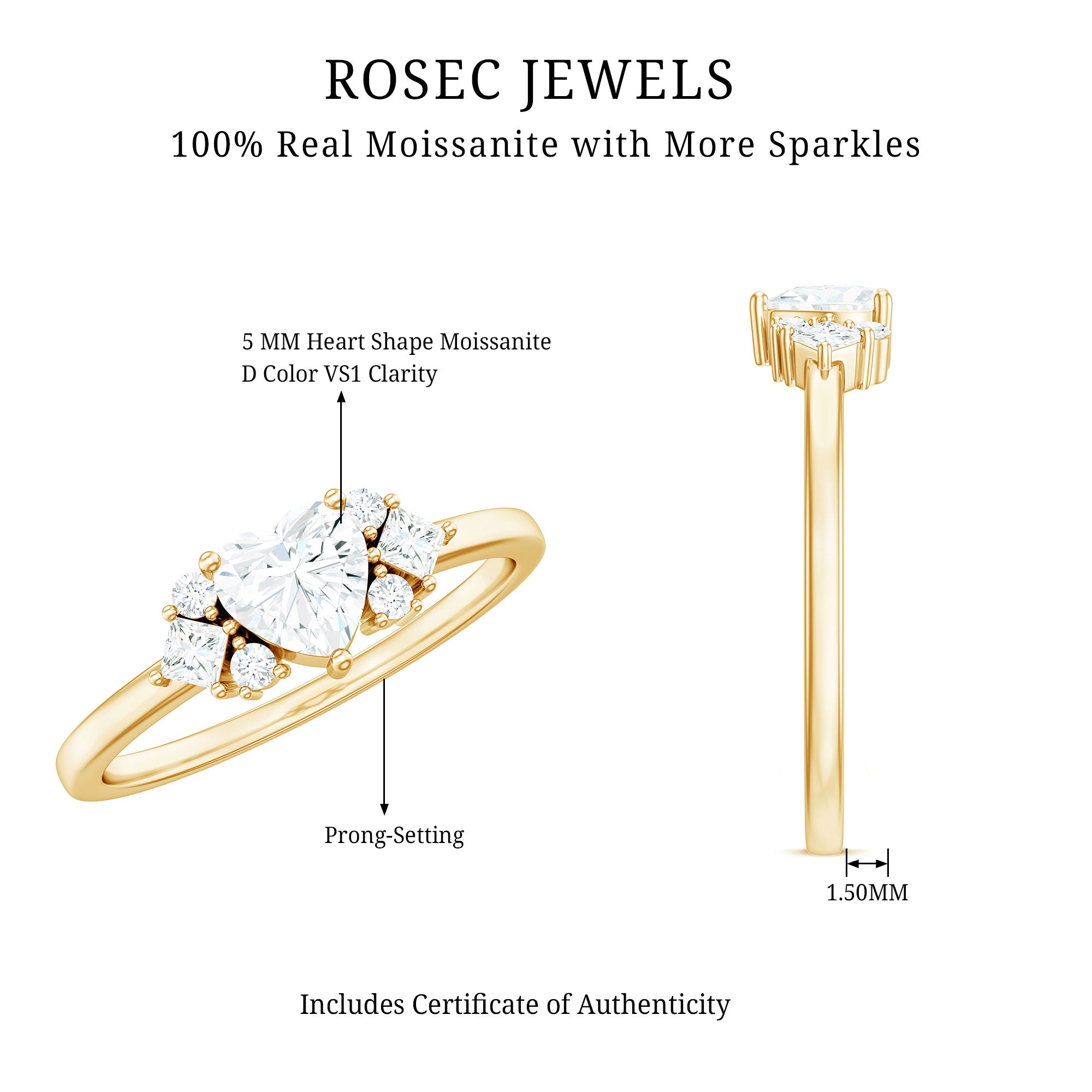Heart Shape Moissanite Engagement Ring with Cluster Stones D-VS1 - Rosec Jewels