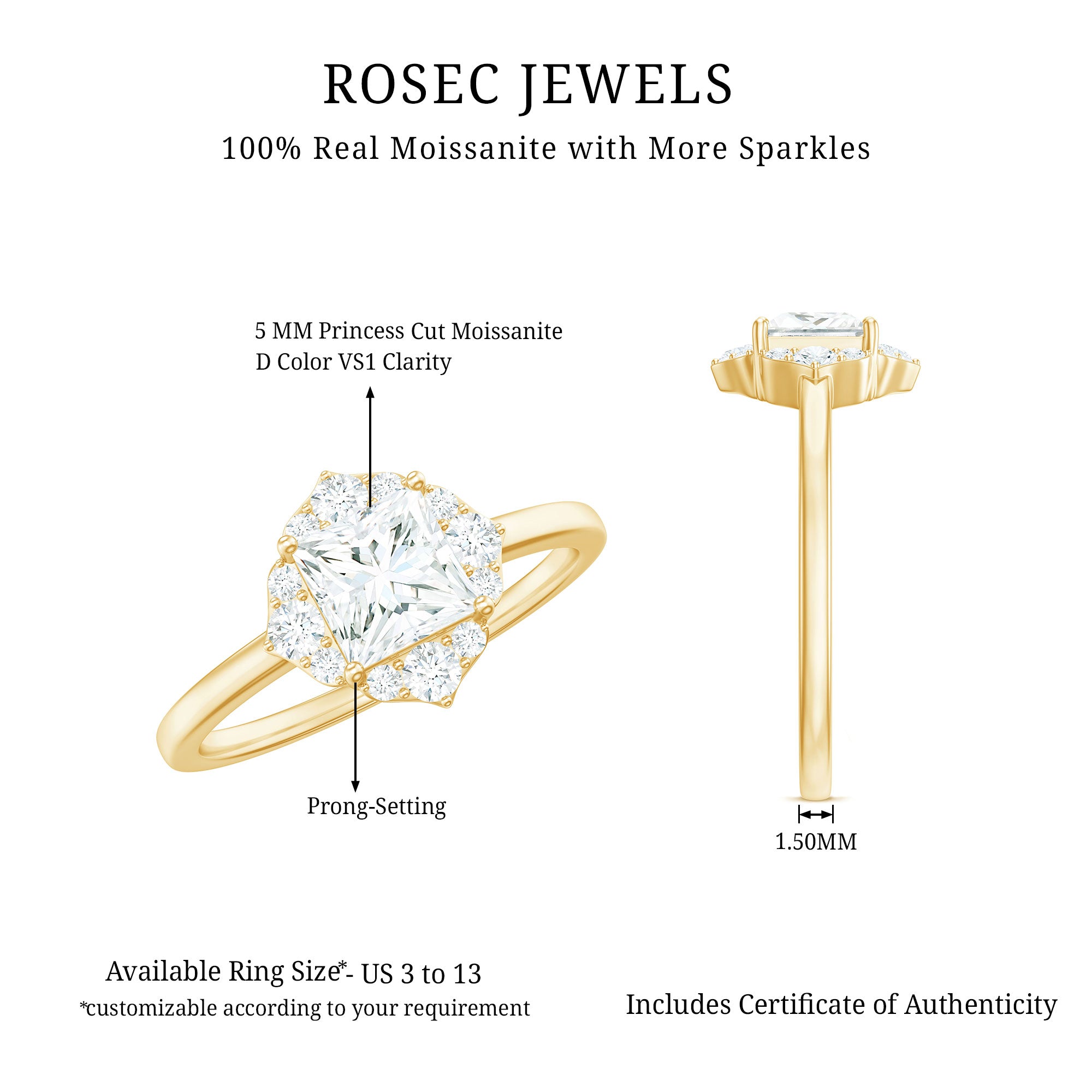 Rosec Jewels-Princess Cut Moissanite Floral Engagement Ring for Women