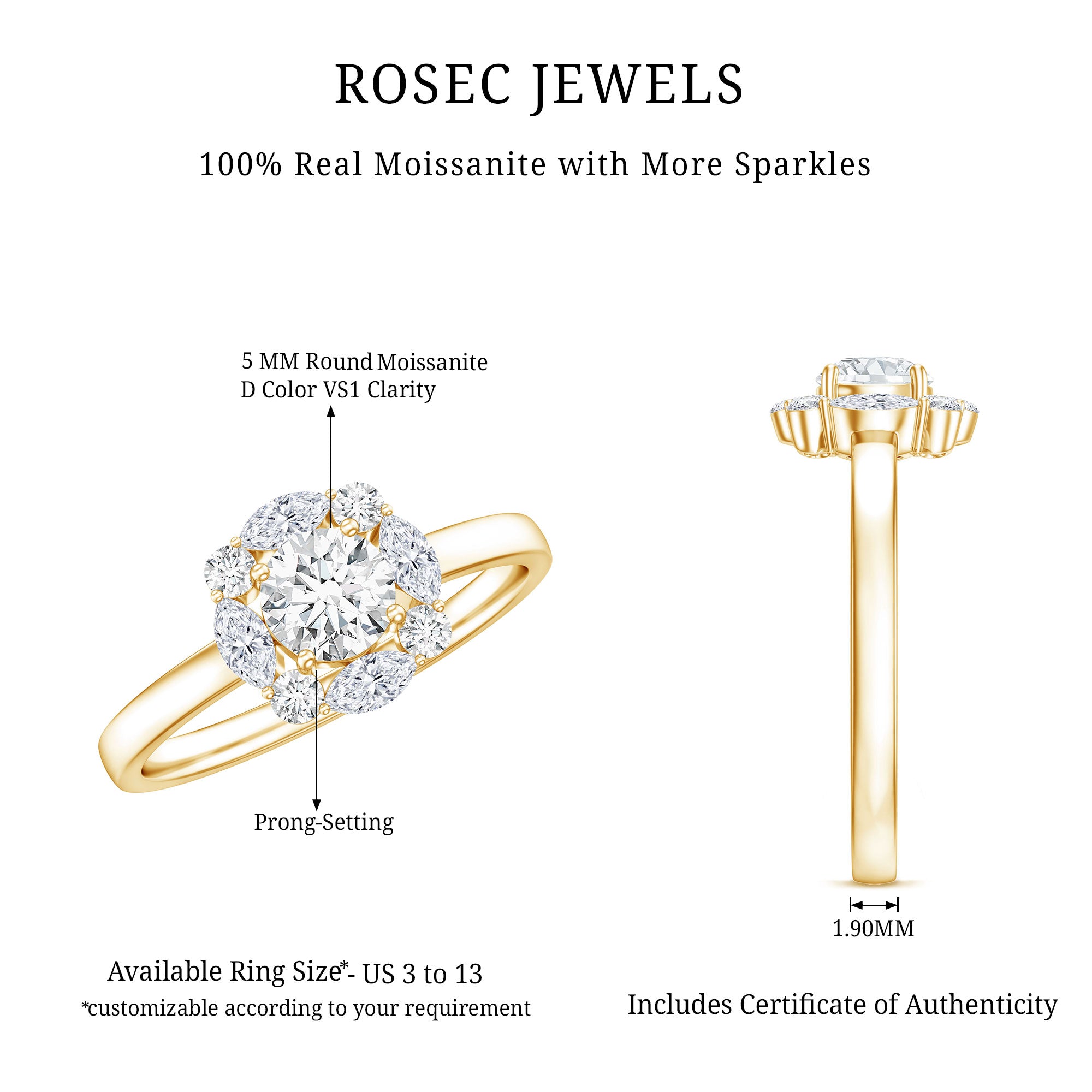 Round Moissanite Halo Engagement Ring for Women D-VS1 - Rosec Jewels