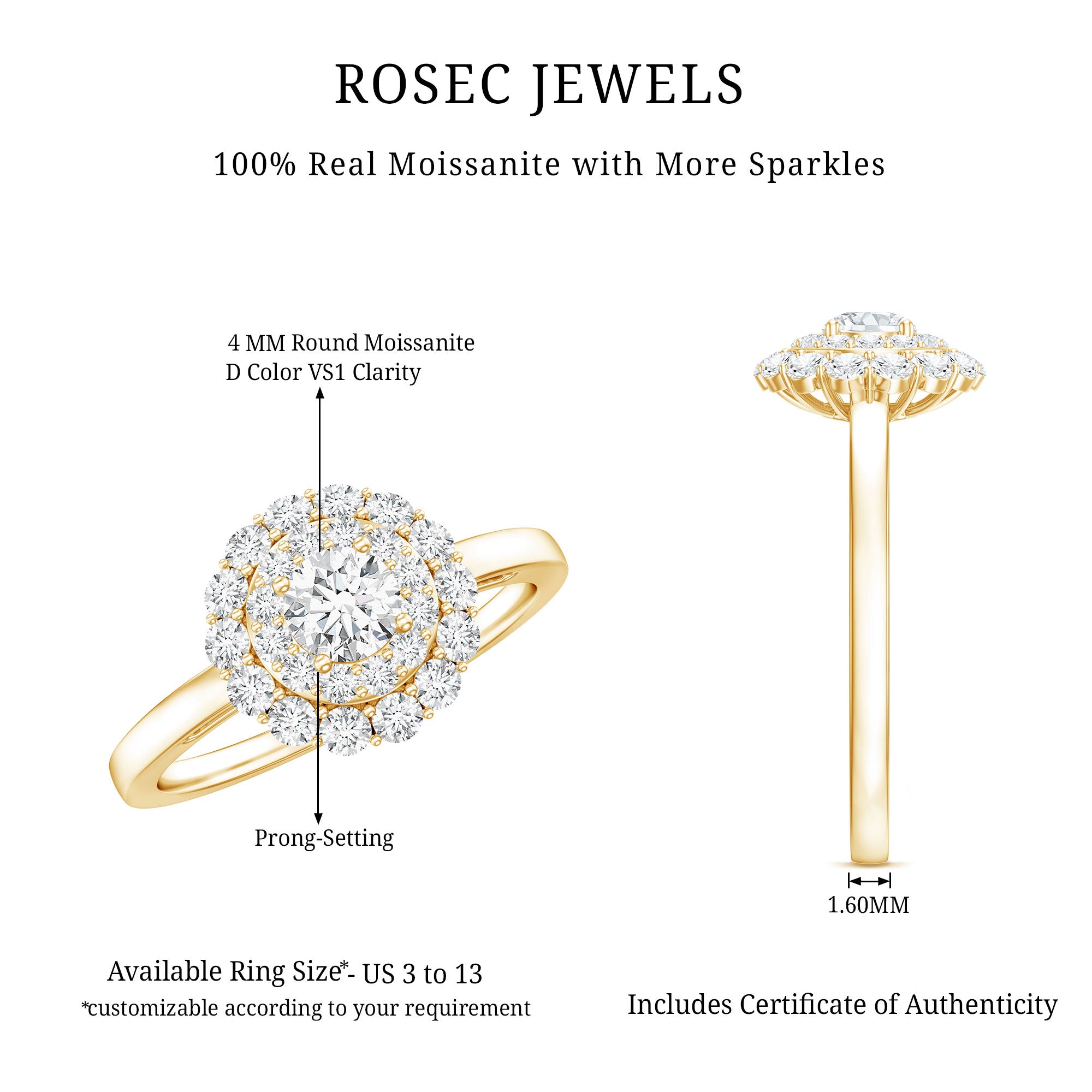Certified Round Moissanite Double Halo Engagement Ring D-VS1 - Rosec Jewels