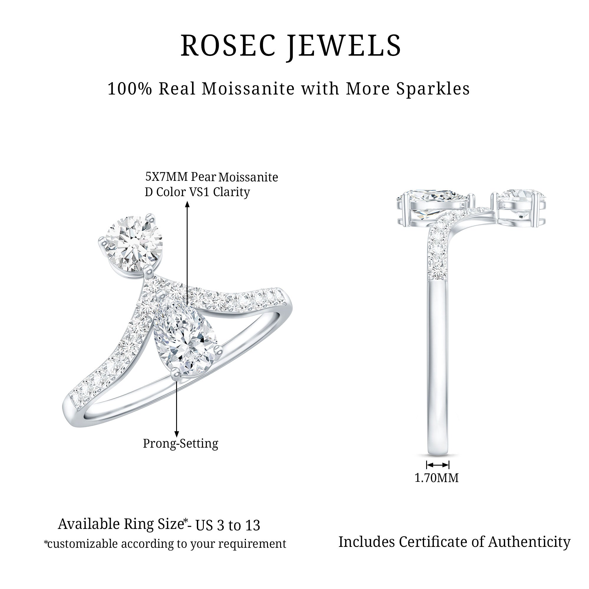Pear and Round Cut Moissanite Toi et Moi Engagement Ring D-VS1 - Rosec Jewels