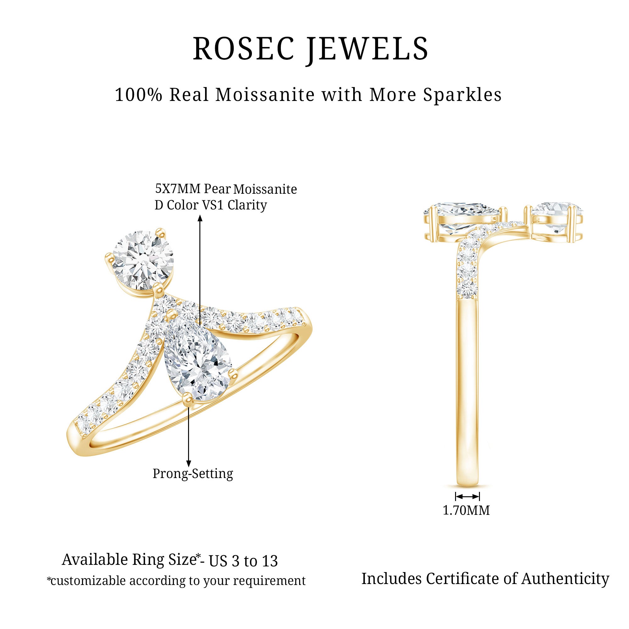 Pear and Round Cut Moissanite Toi et Moi Engagement Ring D-VS1 - Rosec Jewels