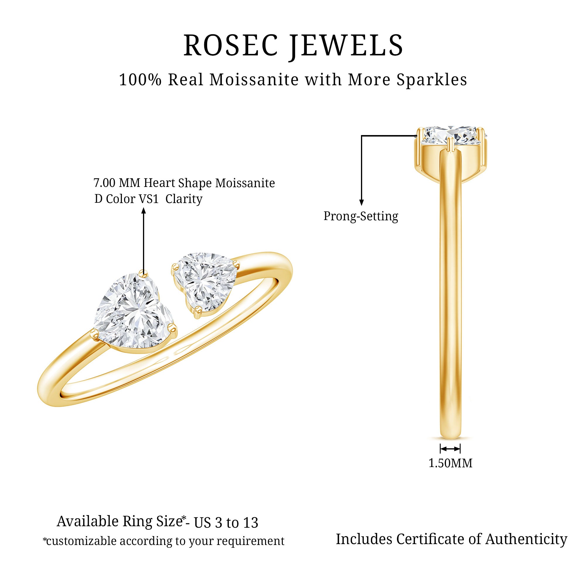Heart Shape Moissanite Two Stone Cuff Ring D-VS1 - Rosec Jewels