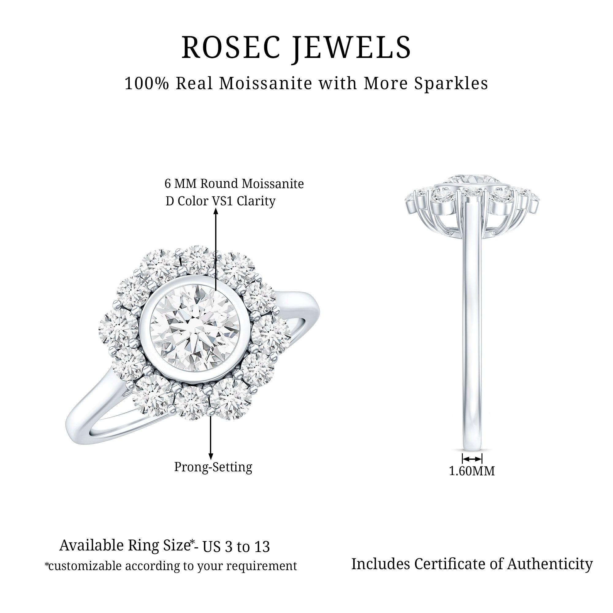 Round Moissanite Statement Engagement Ring with Halo D-VS1 - Rosec Jewels