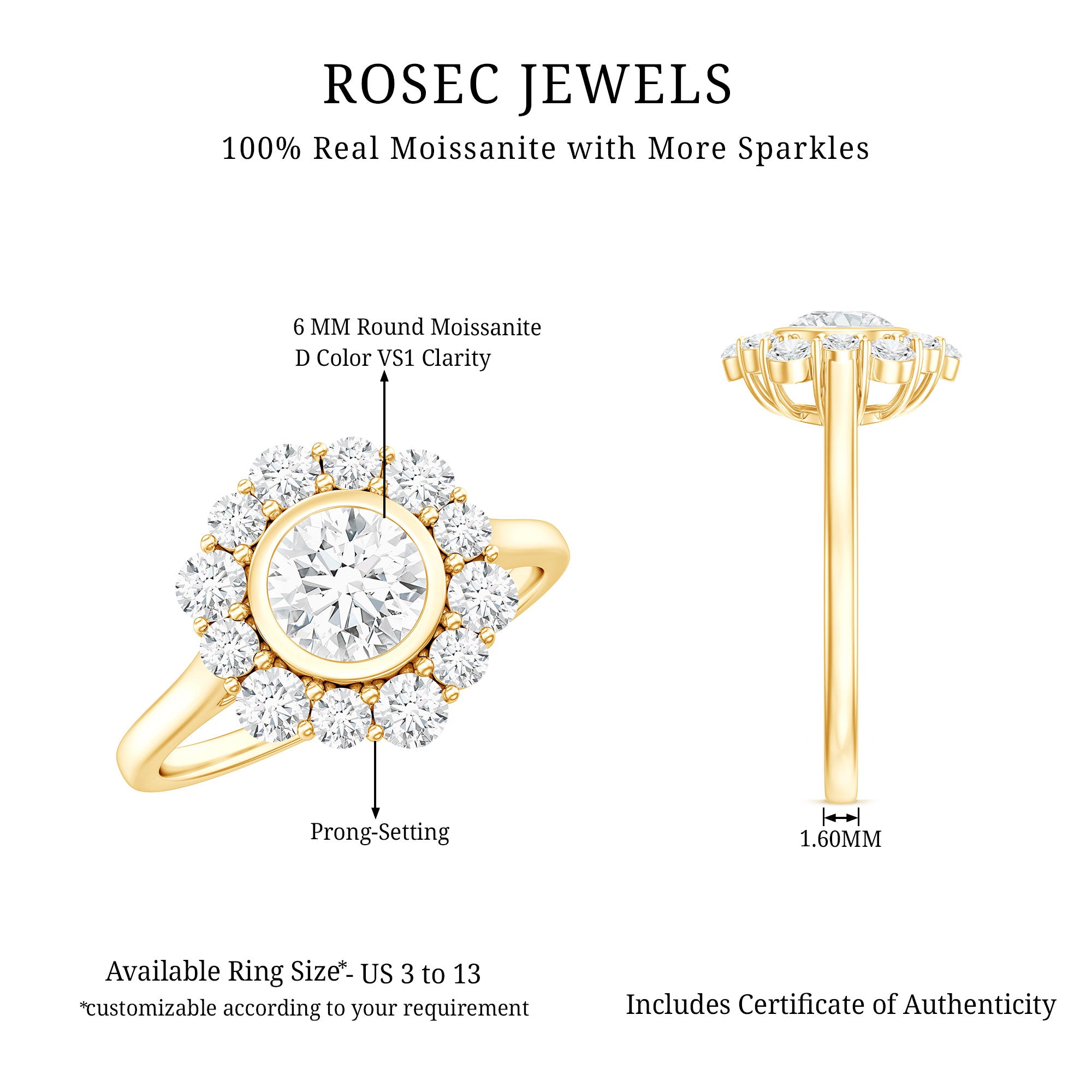 Round Moissanite Statement Engagement Ring with Halo D-VS1 - Rosec Jewels