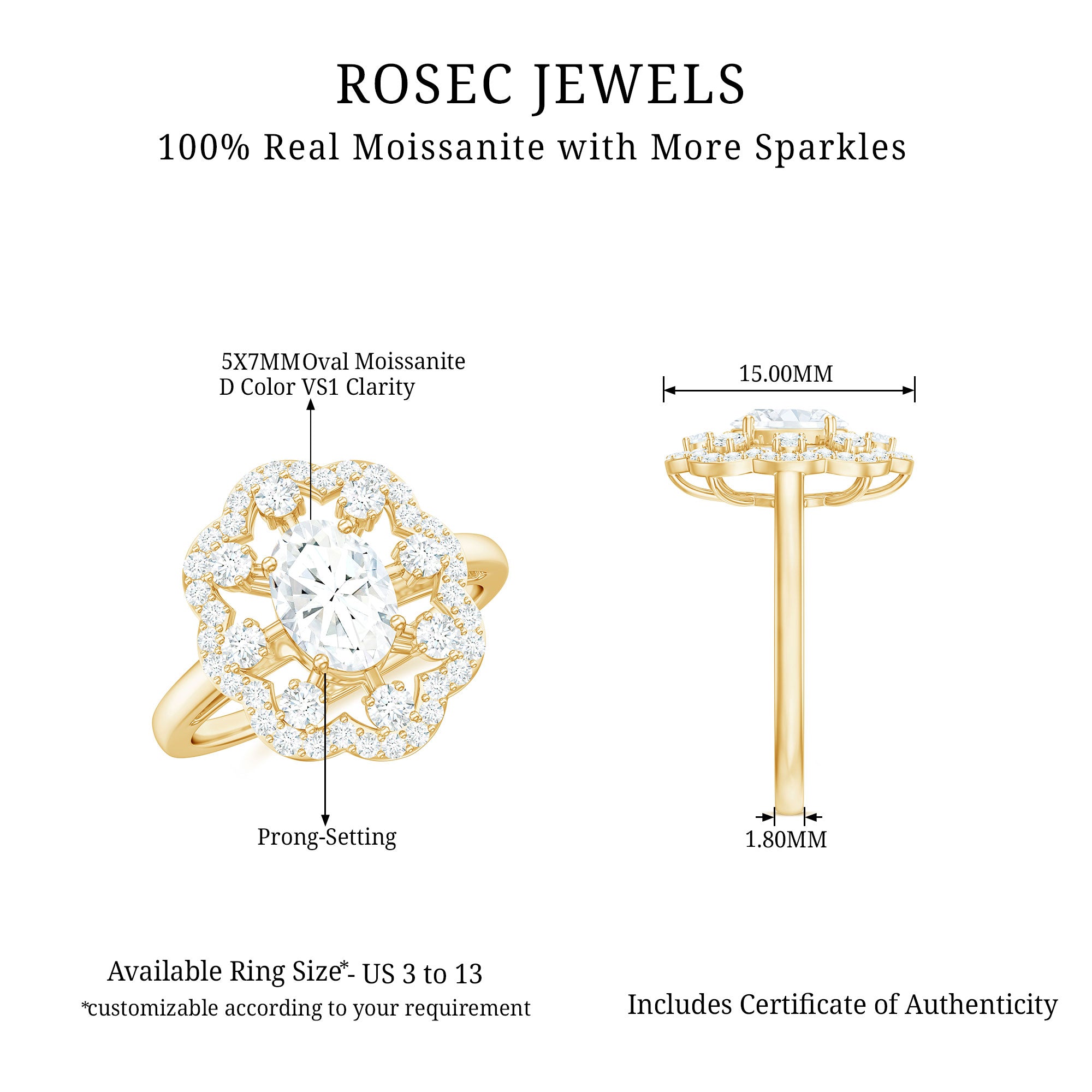 Rosec Jewels-Oval Shaped Moissanite Flower Engagement Ring