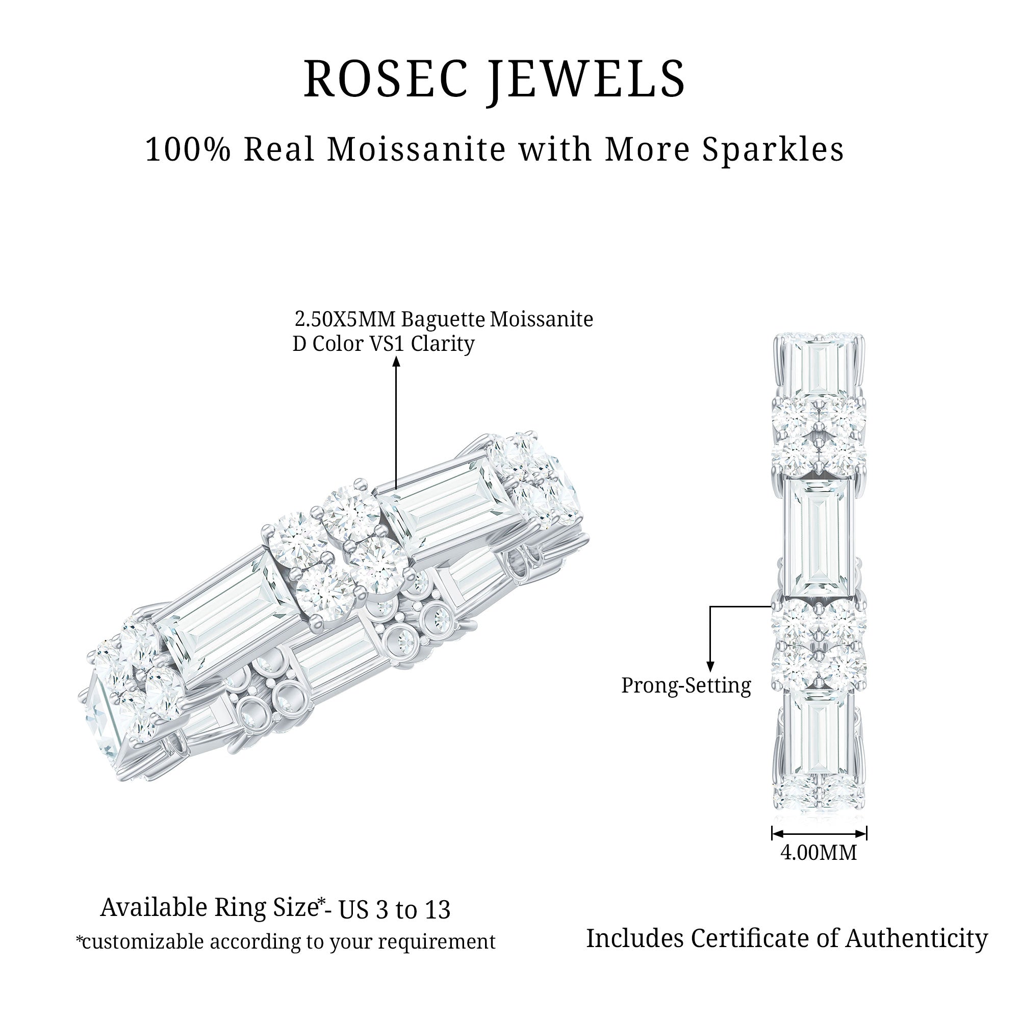 Moissanite Round and Baguette Wedding Band D-VS1 - Rosec Jewels