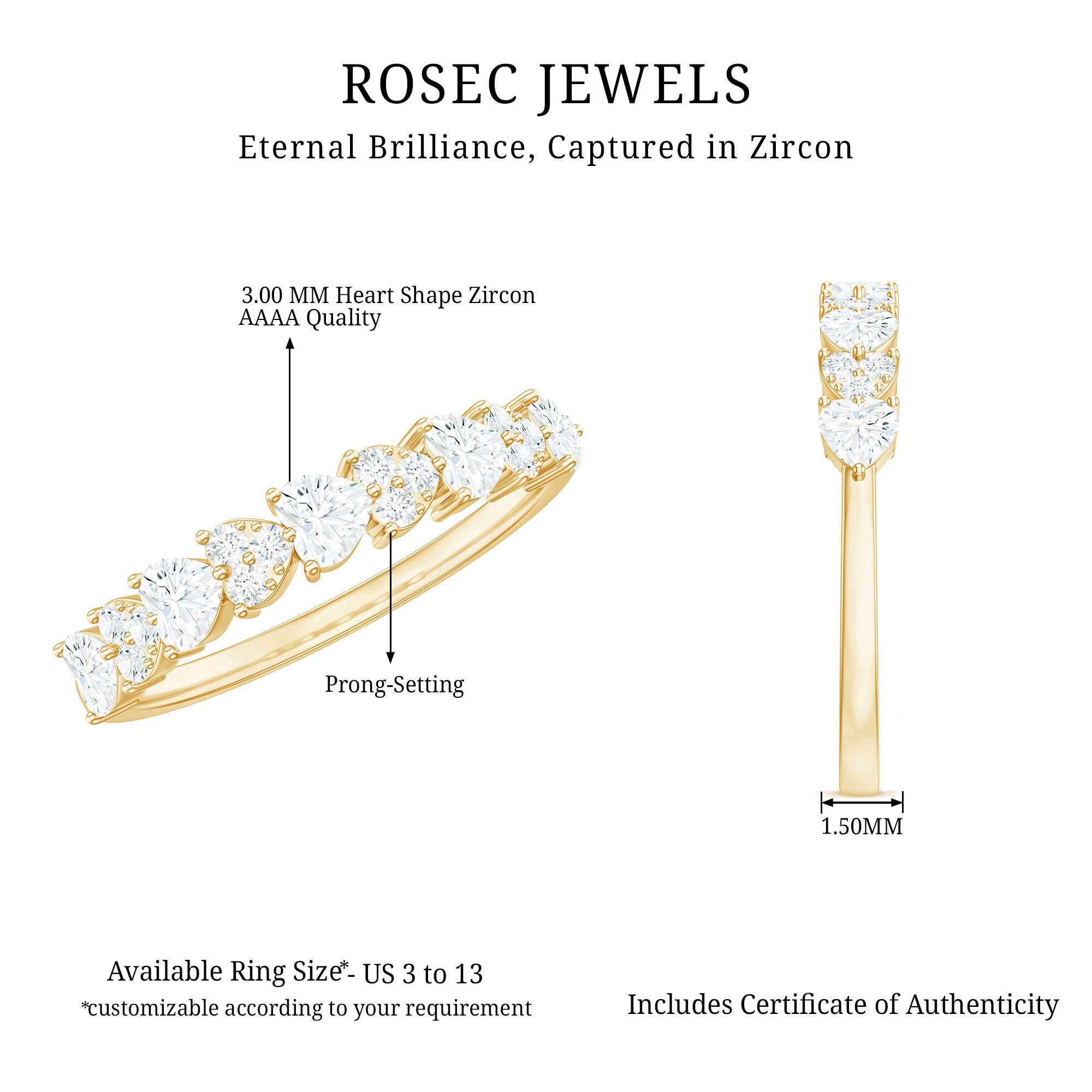 Simulated Diamond Heart Shape Half Eternity Ring AAAA - Rosec Jewels