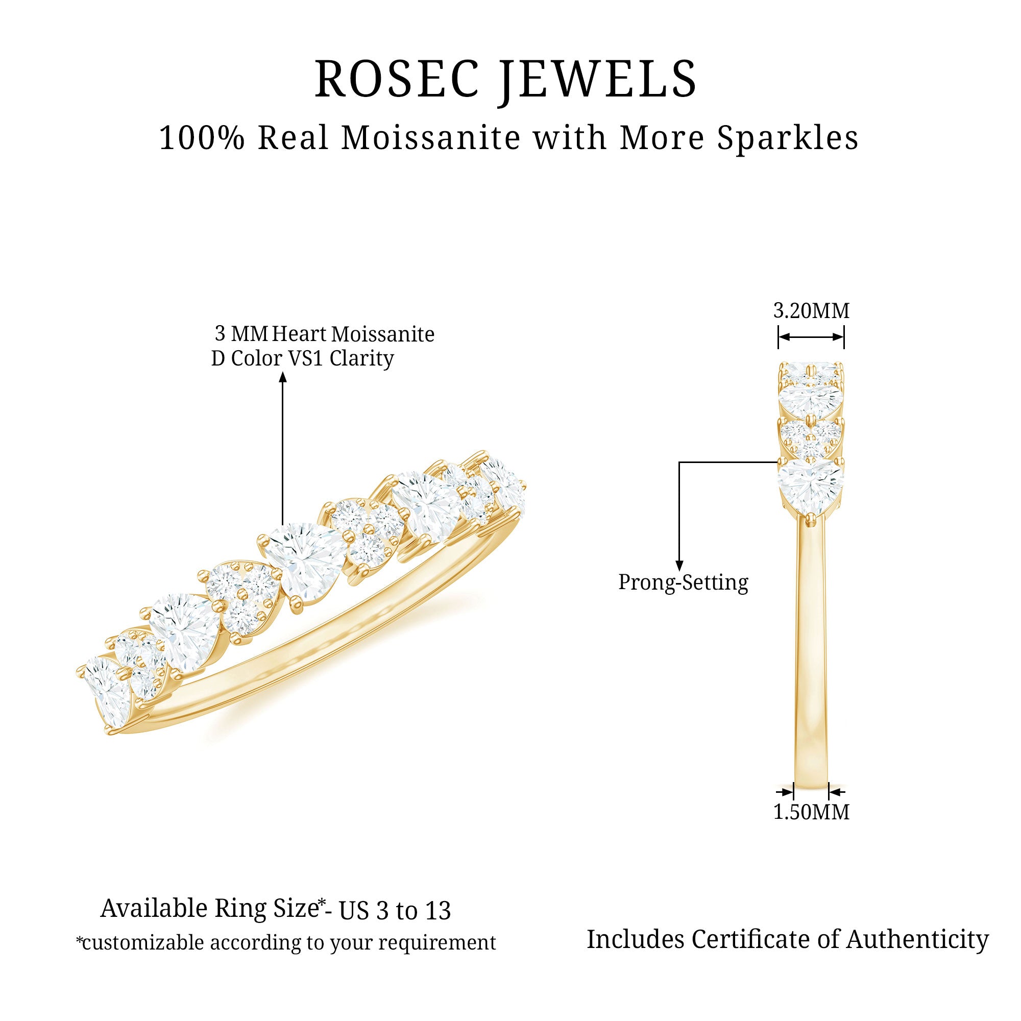 Heart Shaped Moissanite Half Eternity Band Ring D-VS1 - Rosec Jewels