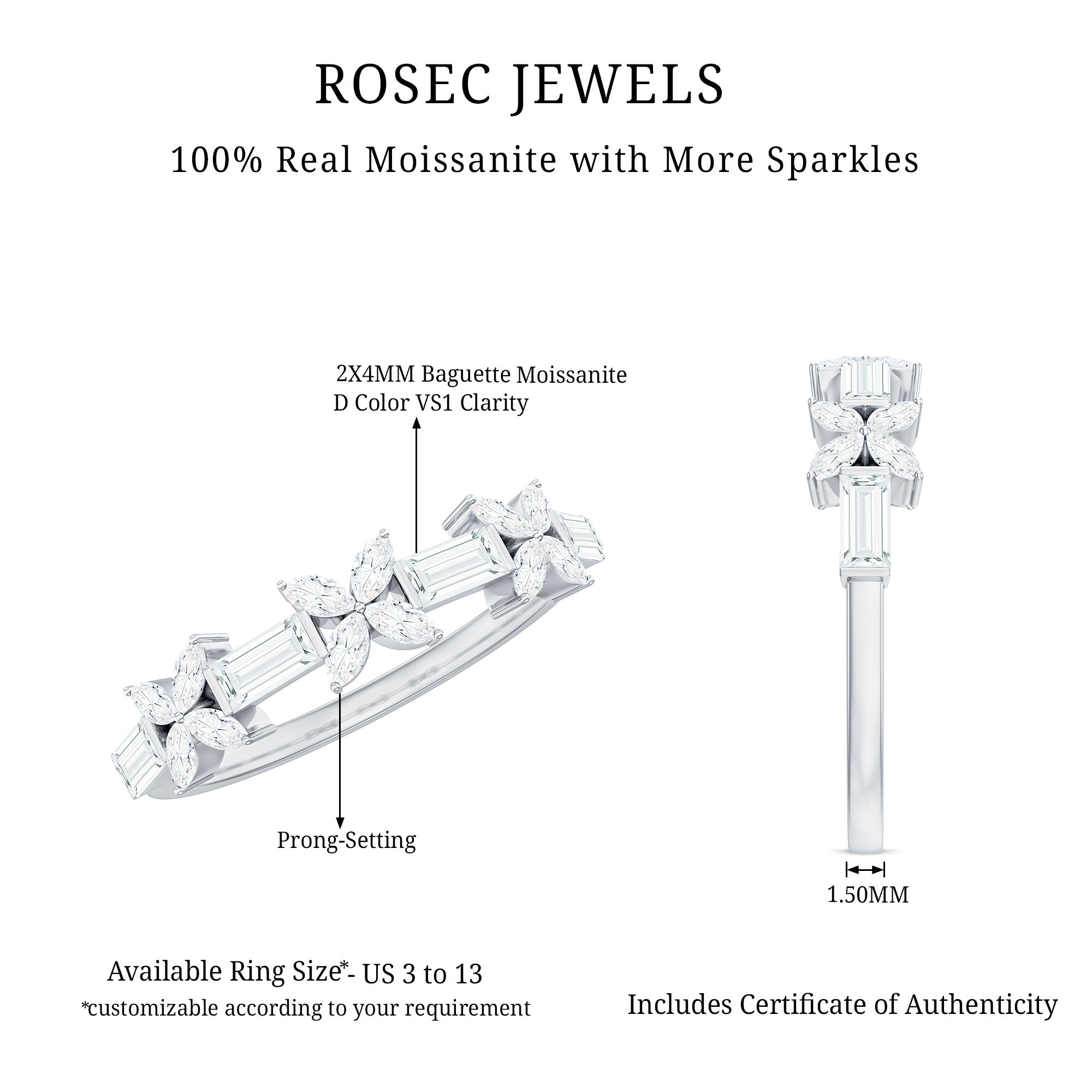 Moissanite Flower Wedding Band Ring with Certificate D-VS1 - Rosec Jewels