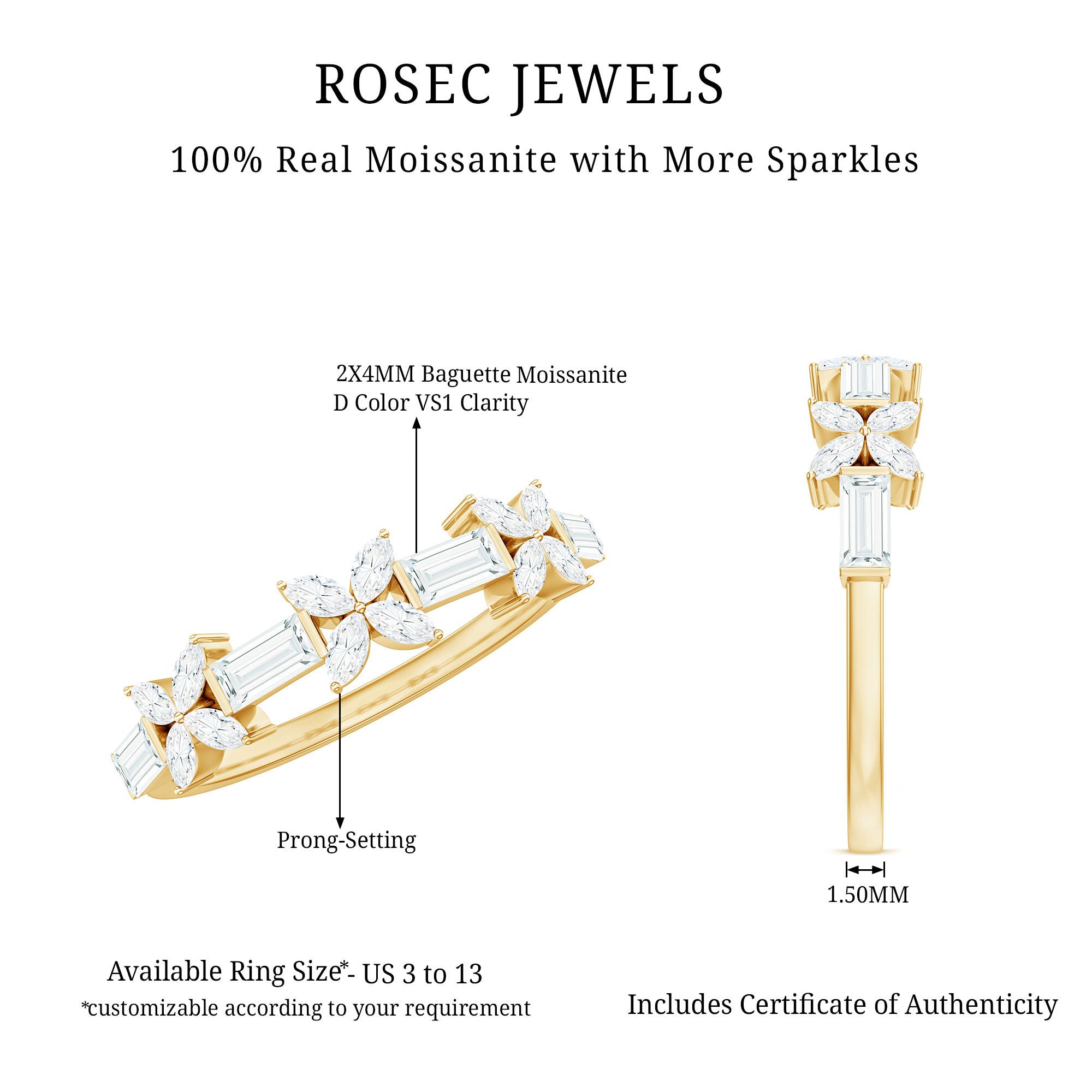 Moissanite Flower Wedding Band Ring with Certificate D-VS1 - Rosec Jewels