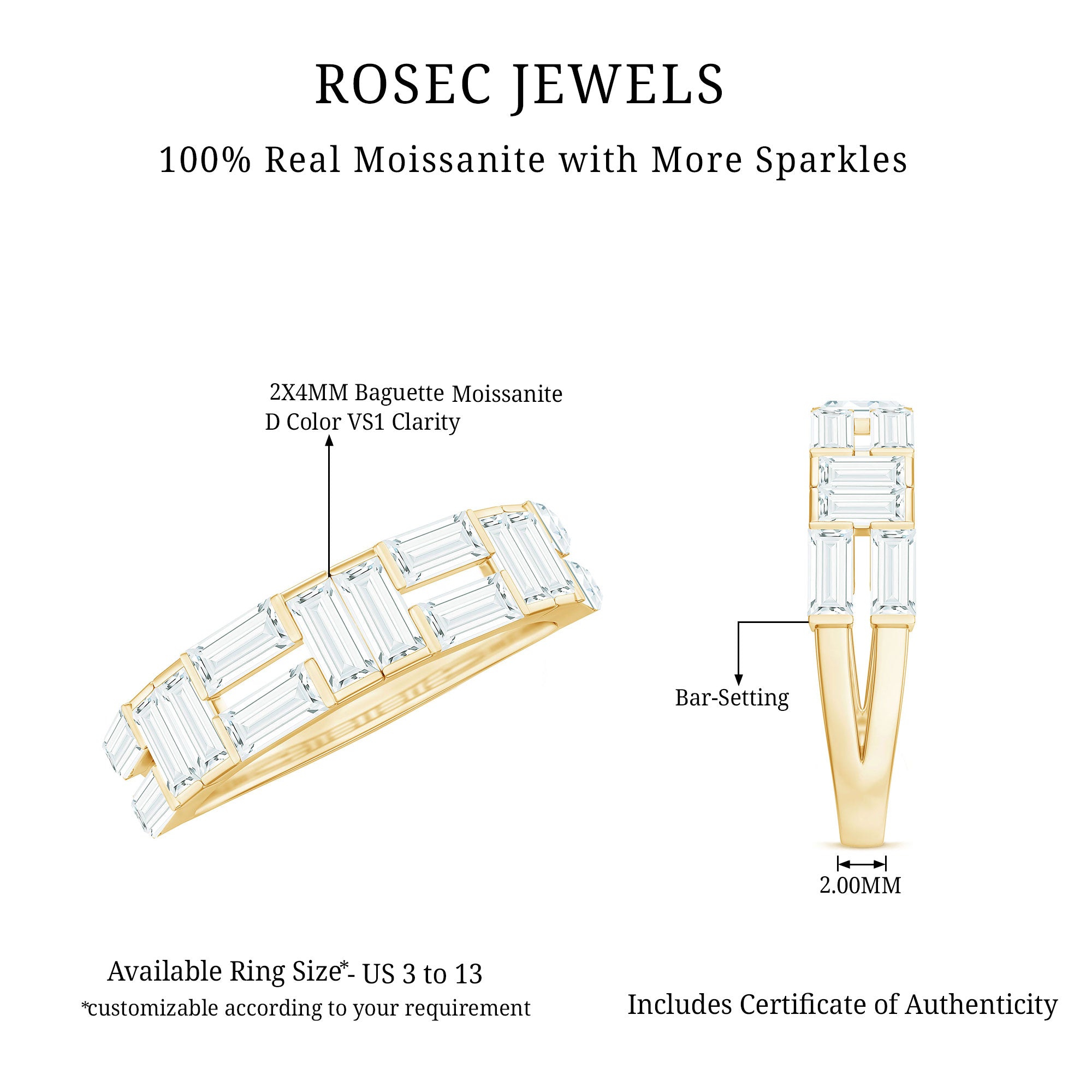 Bar Set Moissanite Baguette Wedding Band Ring D-VS1 - Rosec Jewels