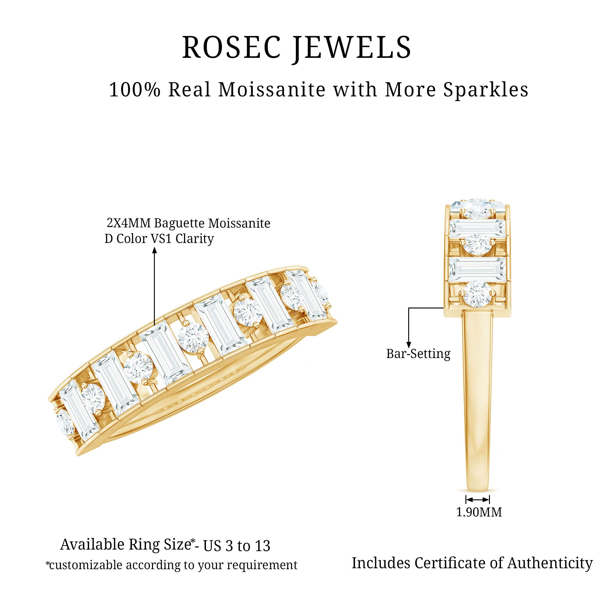 Baguette and Round Cut Moissanite Stackable Eternity Band D-VS1 - Rosec Jewels