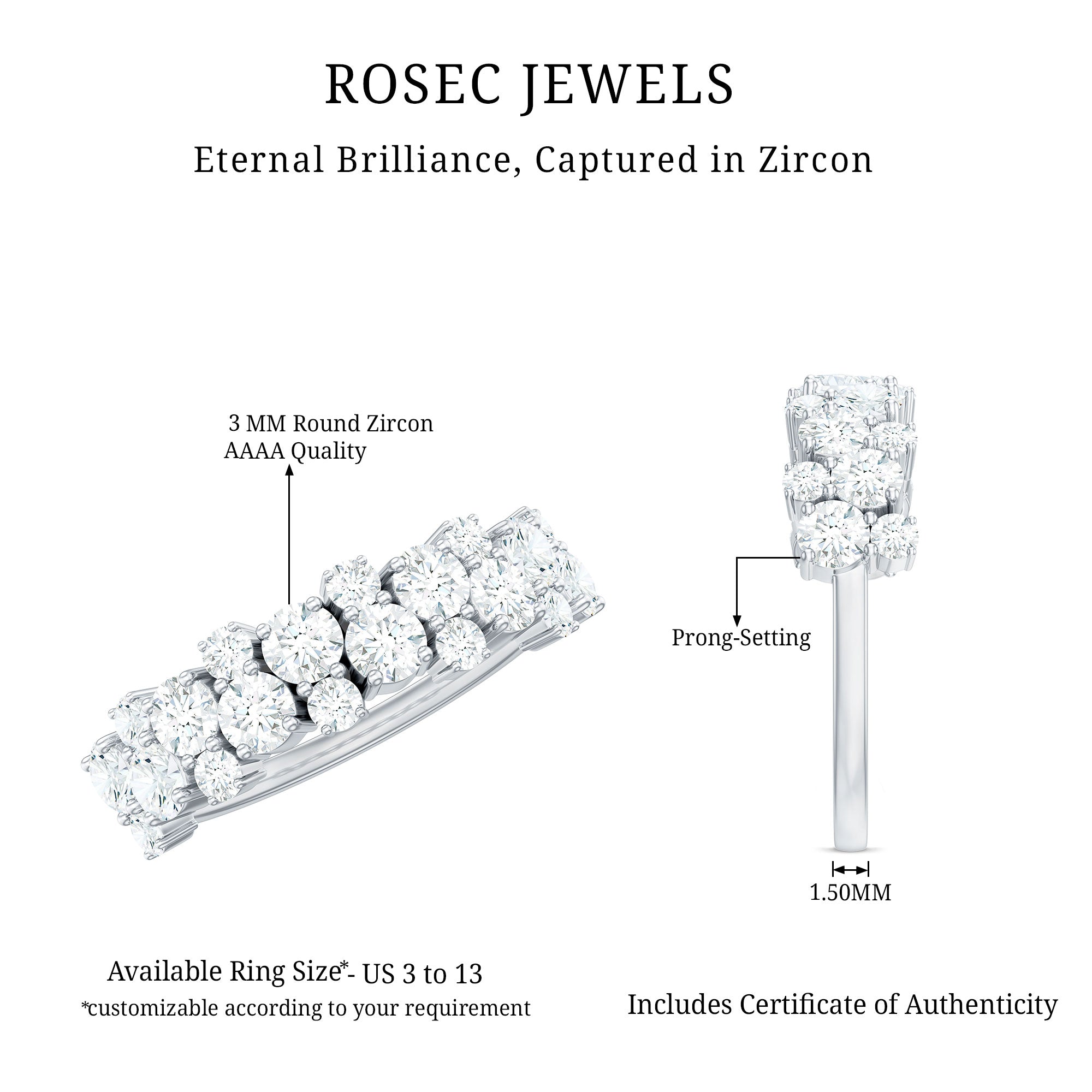 1.50 CT Round Cubic Zirconia Cluster Half Eternity Ring AAAA - Rosec Jewels