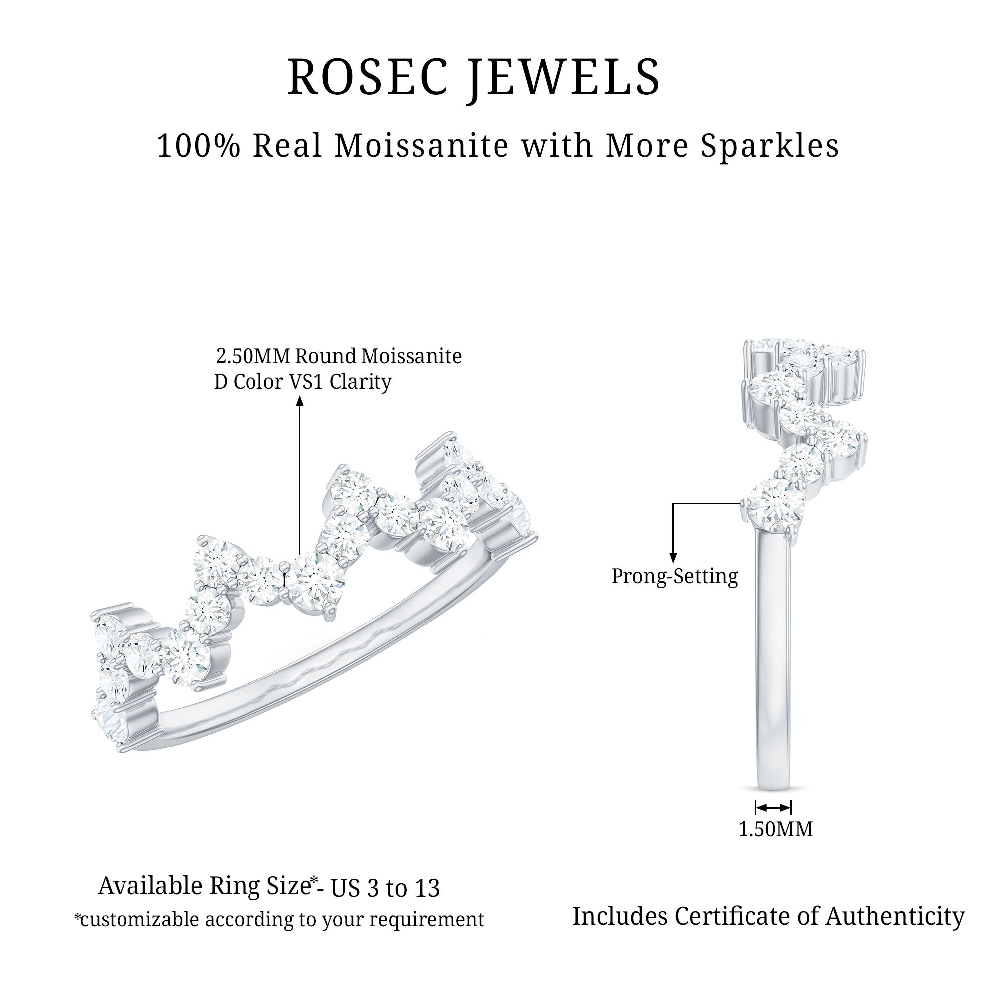 Rosec Jewels-Zig Zag Style Moissanite Half Eternity Band Ring