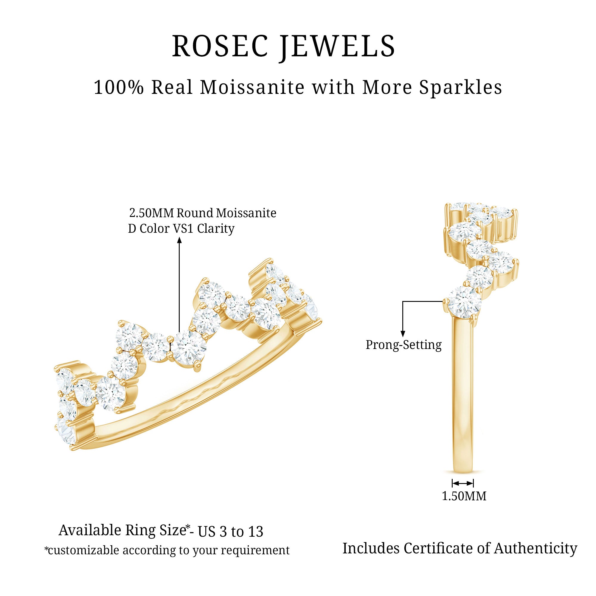 Rosec Jewels-Zig Zag Style Moissanite Half Eternity Band Ring