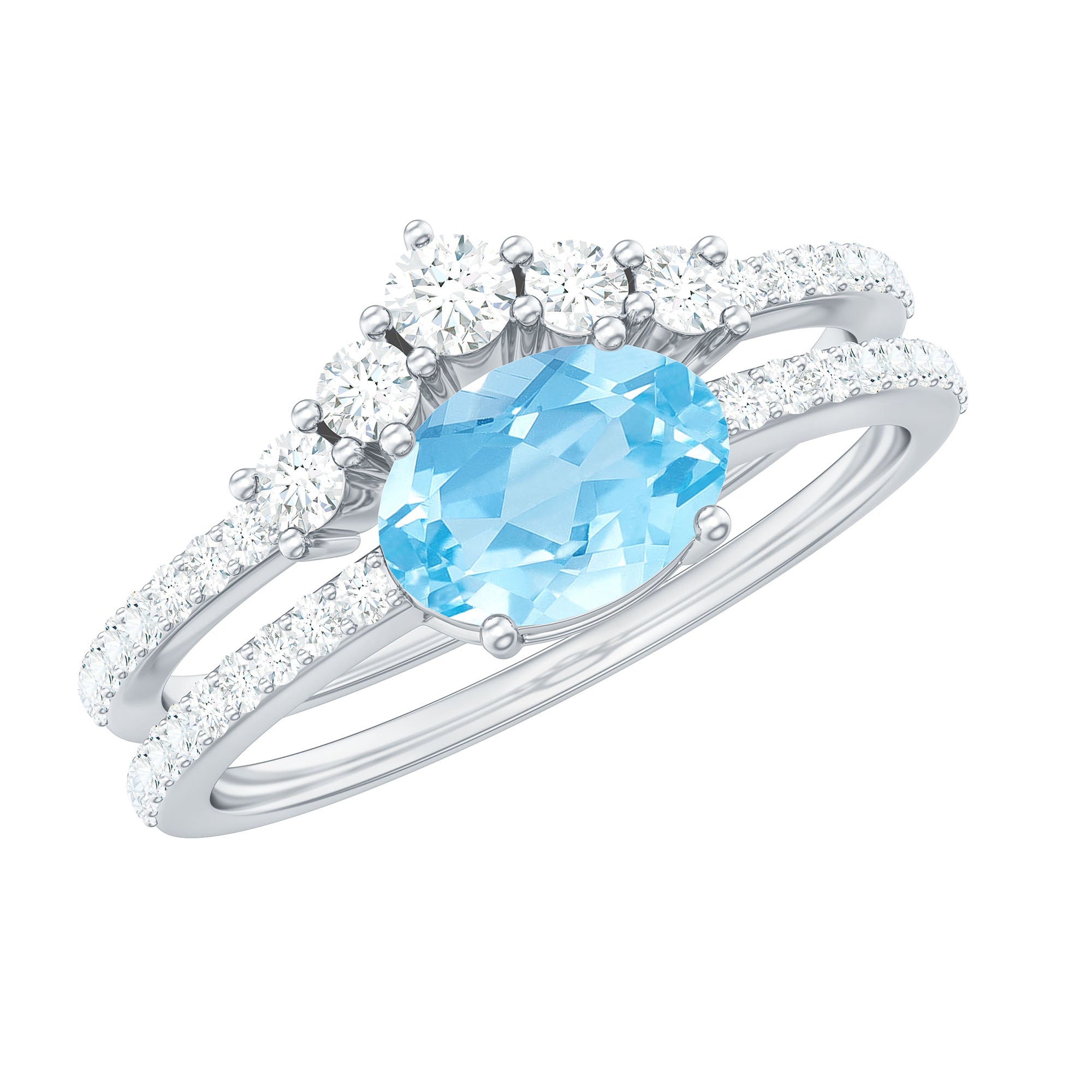 Real Oval Aquamarine Diamond East West Engagement Ring and Wedding Band Set