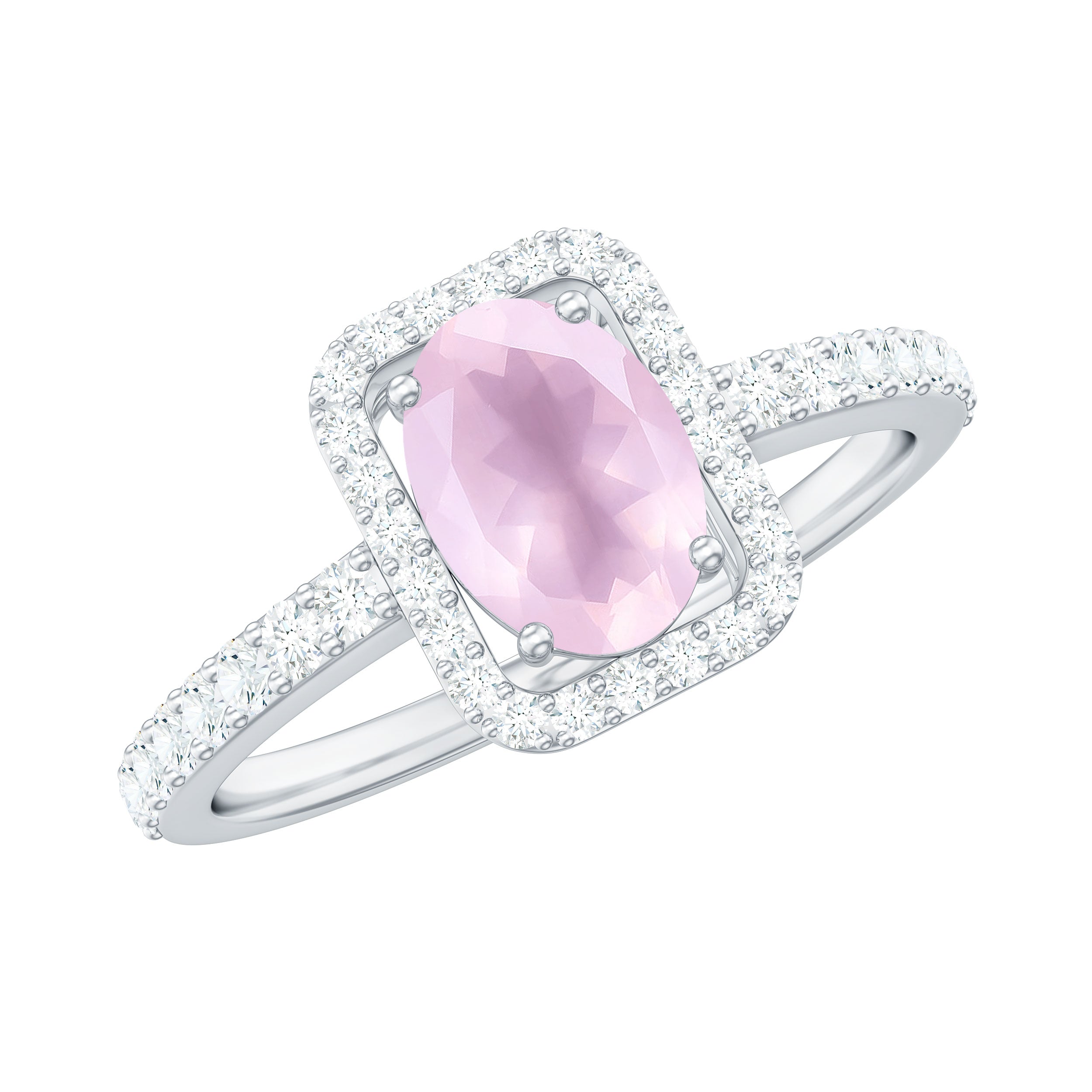 Oval Cut Rose Quartz Engagement Ring with Diamond Halo
