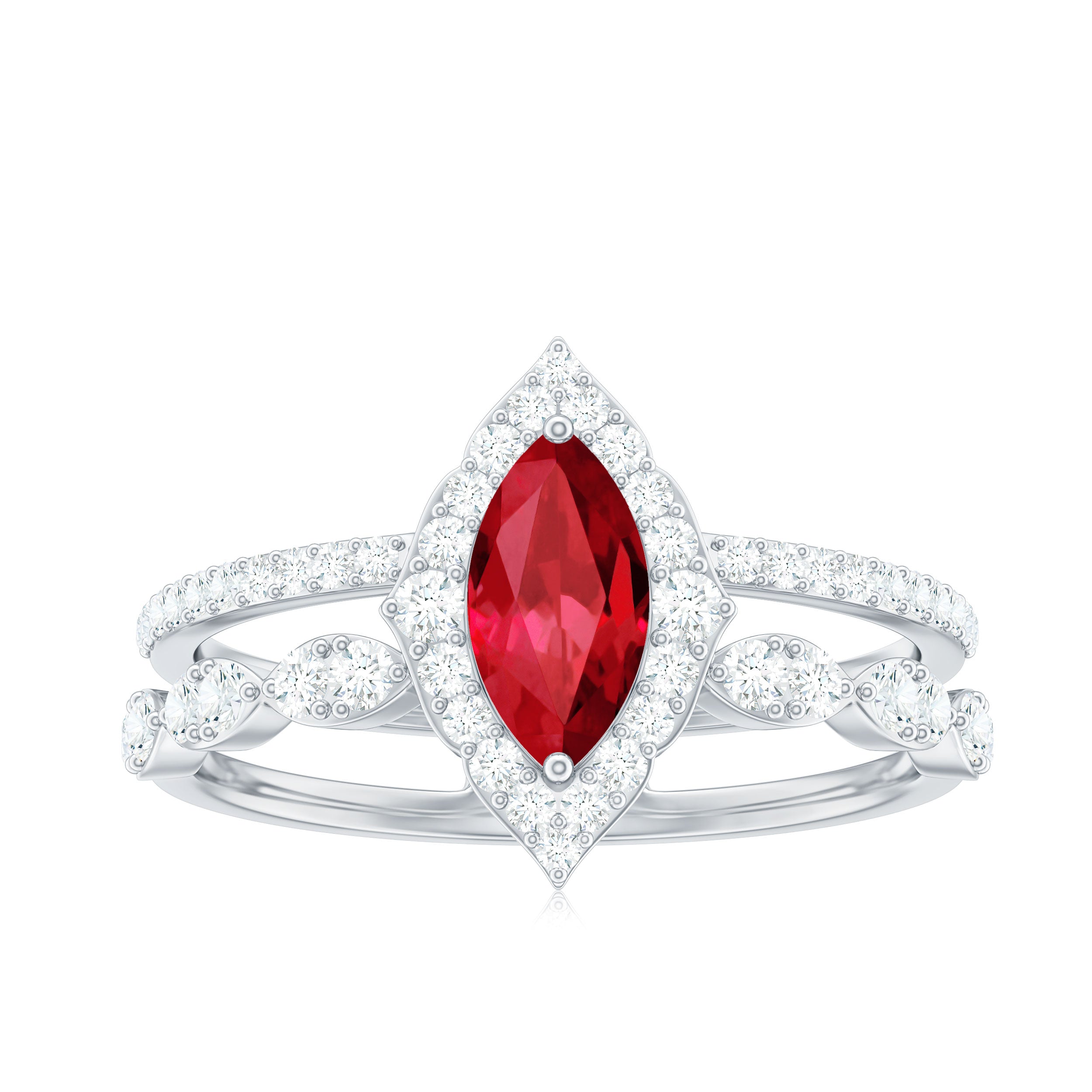 Vintage Inspired Lab Ruby and Diamond Double Band Engagement Ring AAAA - Rosec Jewels