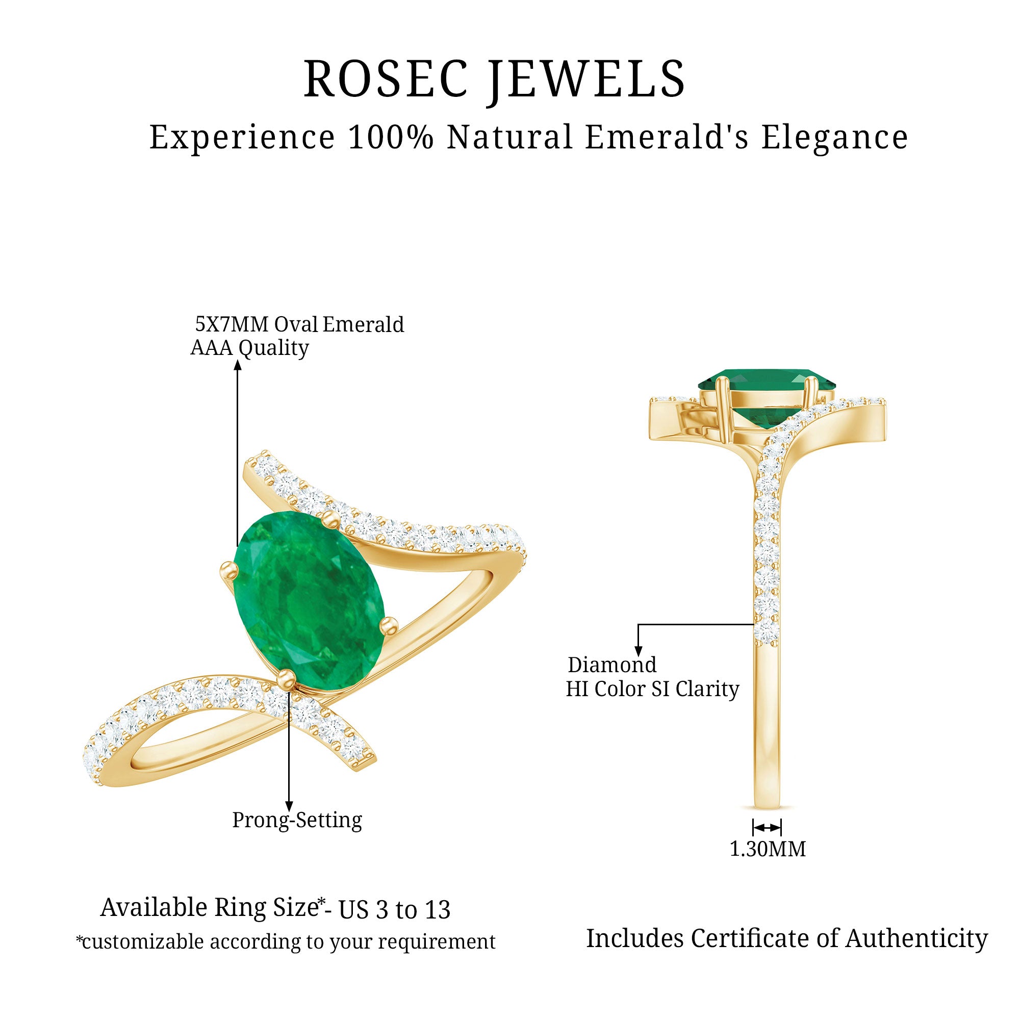Oval Shaped Emerald Bypass Engagement Ring with Diamonds AAA - Rosec Jewels