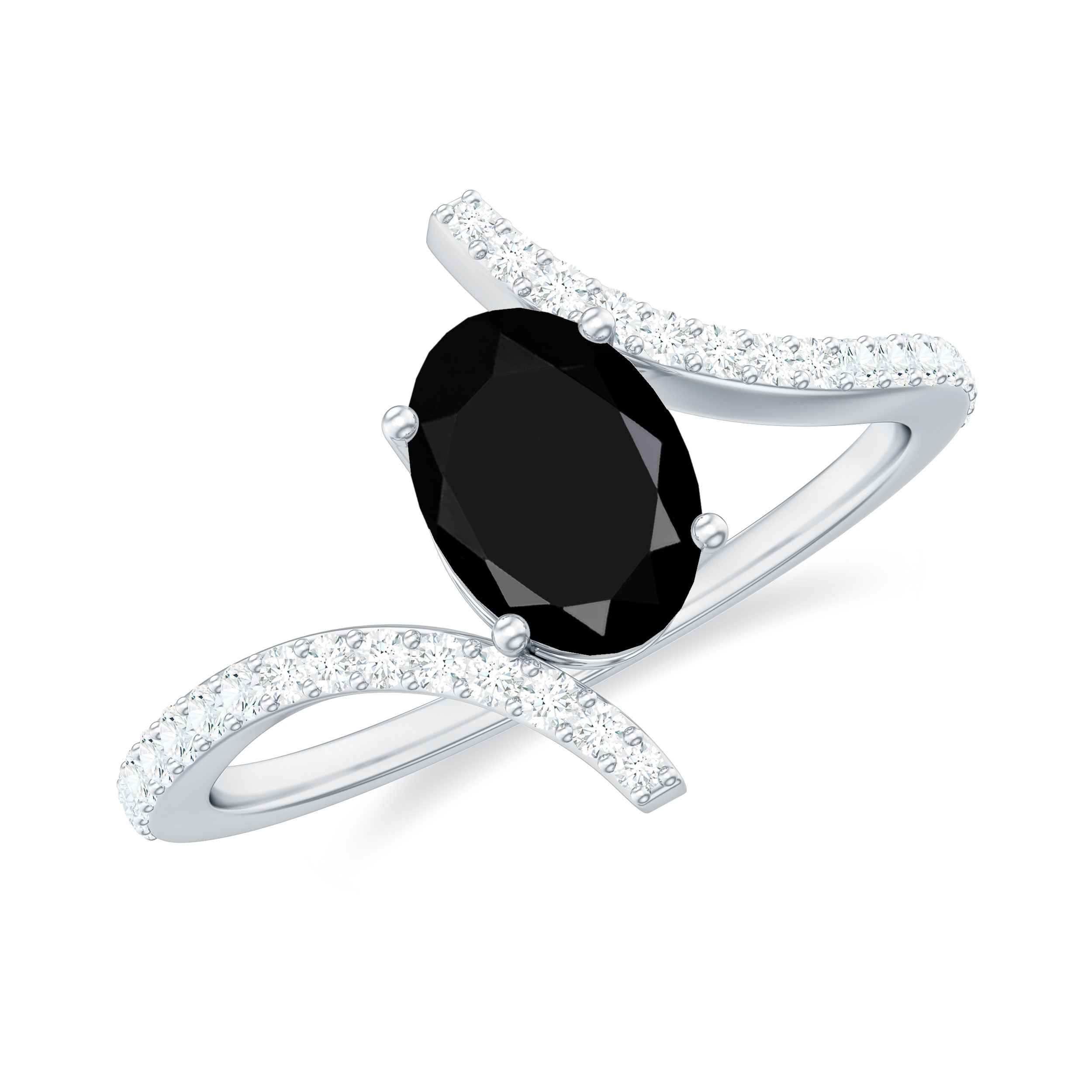 Certified Oval Cut Black Onyx Bypass Engagement Ring with Diamond
