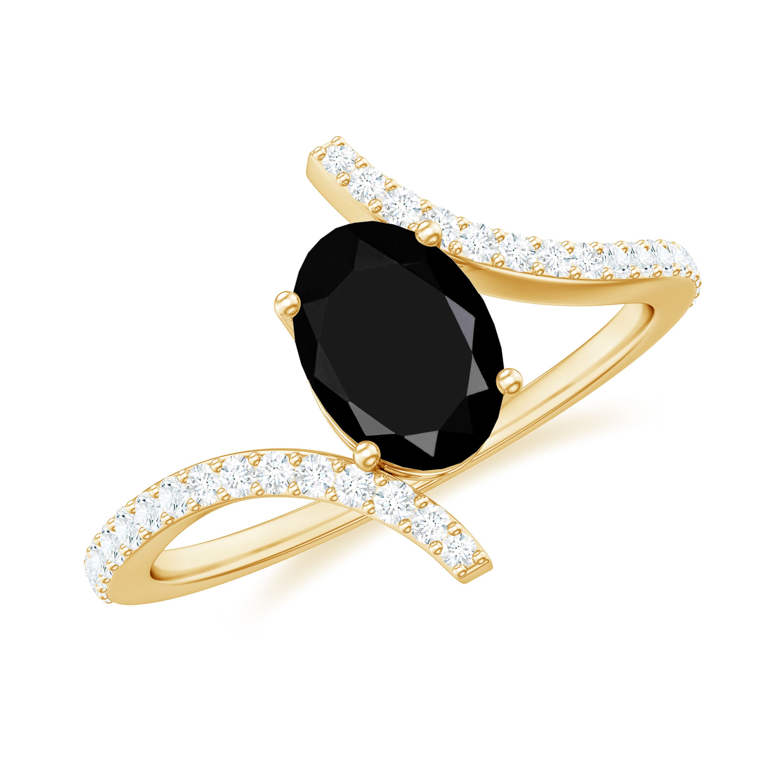 Certified Oval Cut Black Onyx Bypass Engagement Ring with Diamond AAA - Rosec Jewels