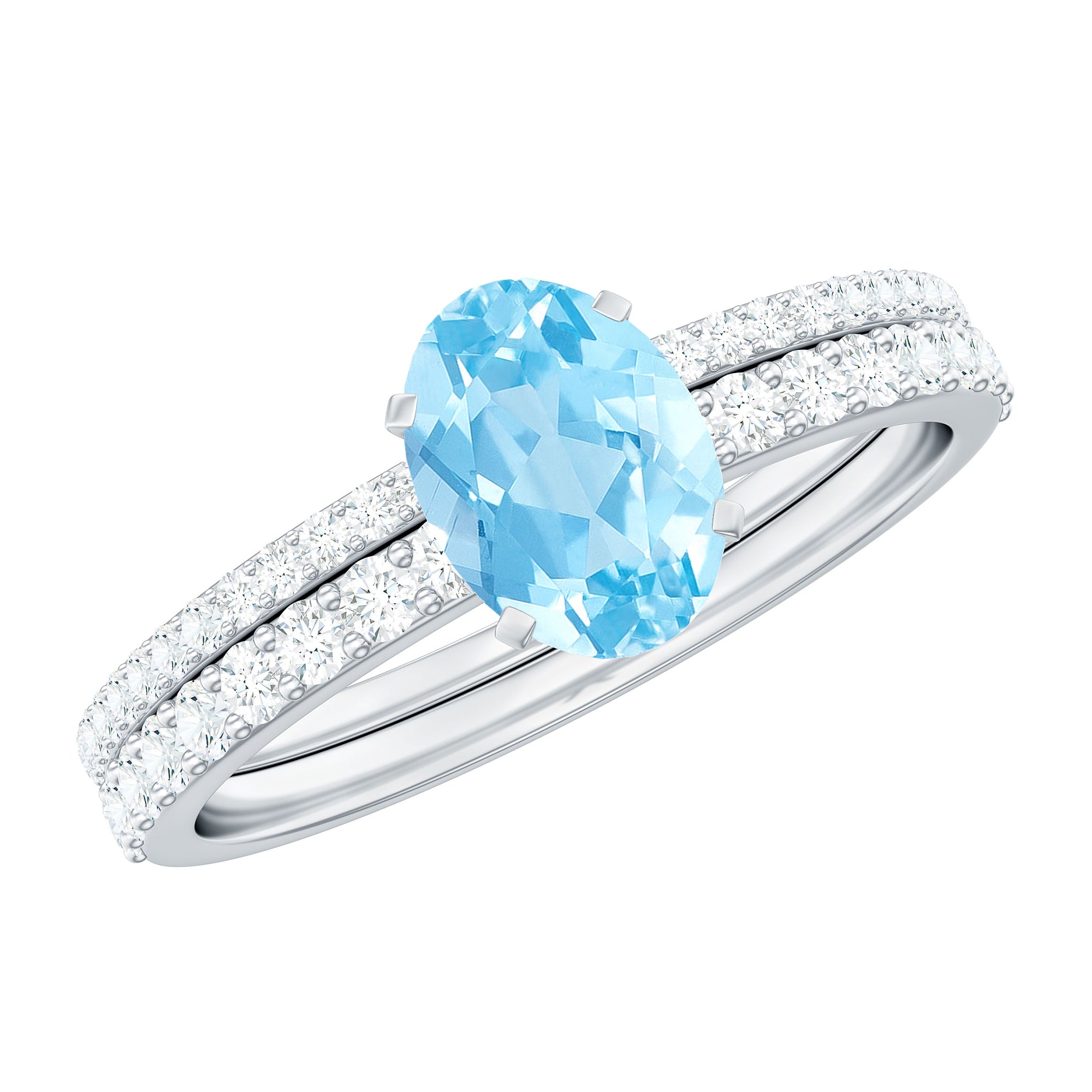 Natural Aquamarine Diamond Oval Engagement Ring with Wedding Band