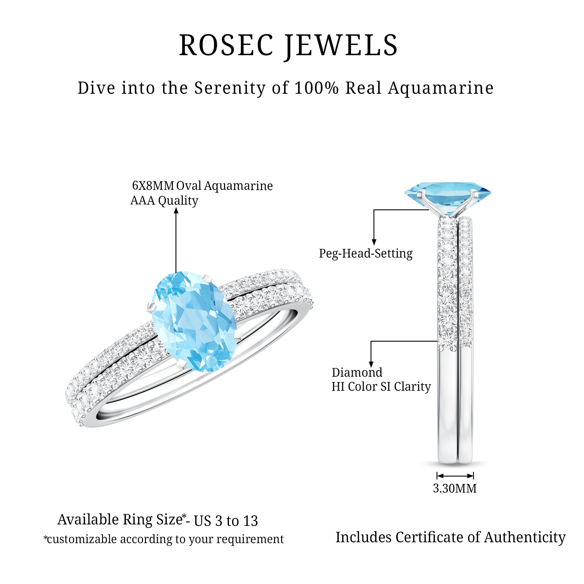 Natural Aquamarine Diamond Oval Engagement Ring with Wedding Band AAA - Rosec Jewels
