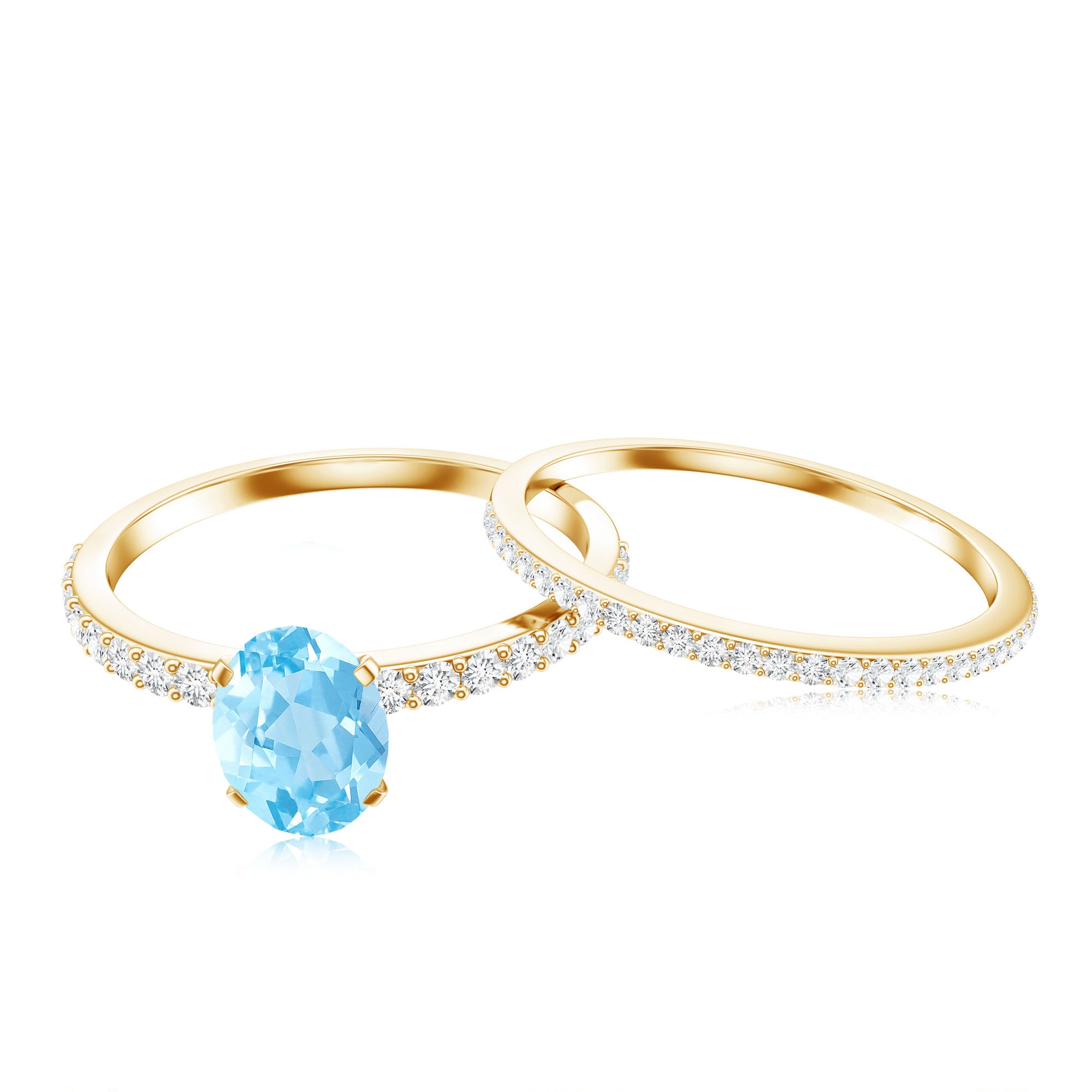 Natural Aquamarine Diamond Oval Engagement Ring with Wedding Band AAA - Rosec Jewels