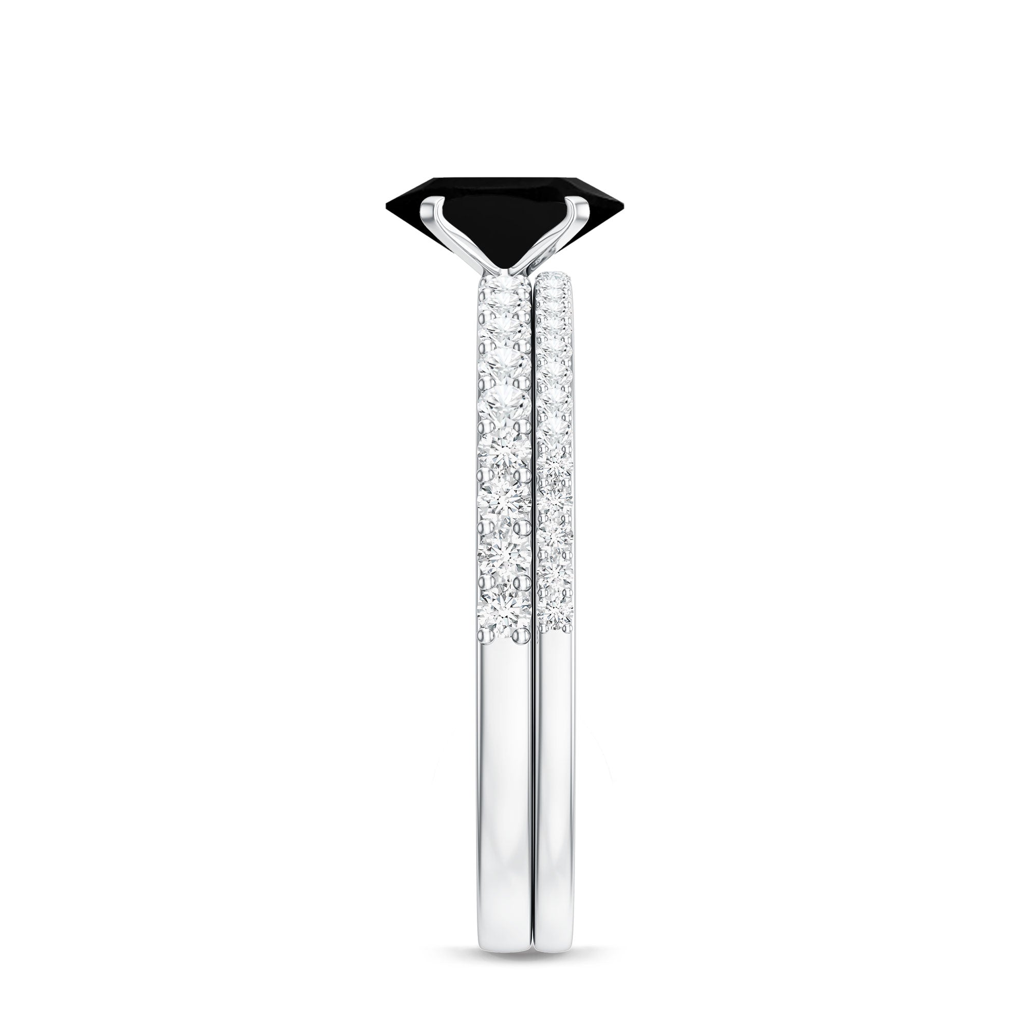 6X8mm Oval Cut Black Onyx Solitaire Rings Set with Diamond Wedding Band AAA - Rosec Jewels