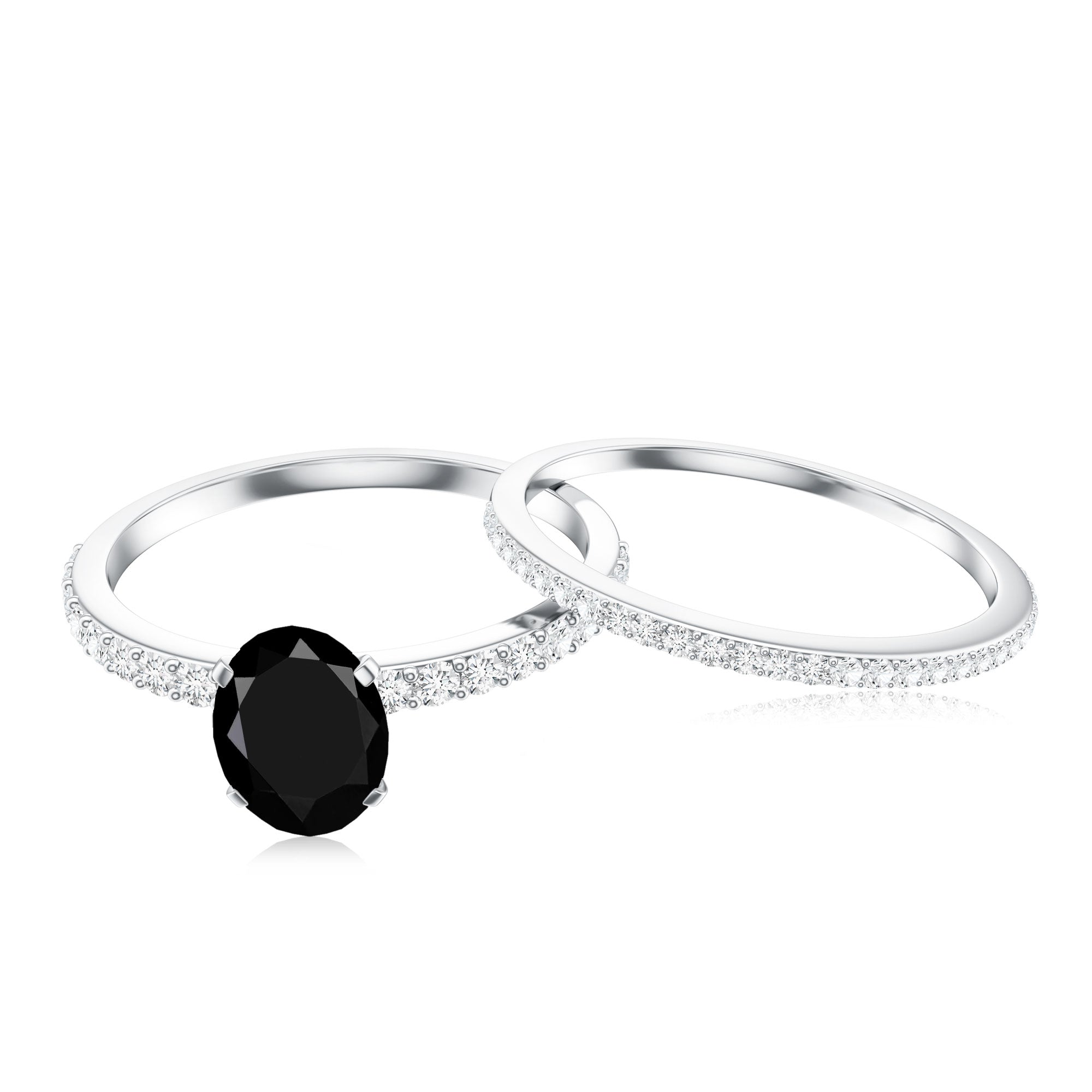 6X8mm Oval Cut Black Onyx Solitaire Rings Set with Diamond Wedding Band AAA - Rosec Jewels