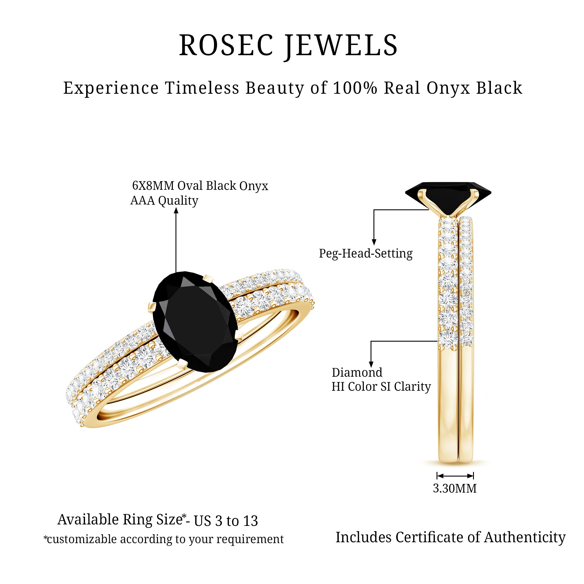 6X8mm Oval Cut Black Onyx Solitaire Rings Set with Diamond Wedding Band AAA - Rosec Jewels