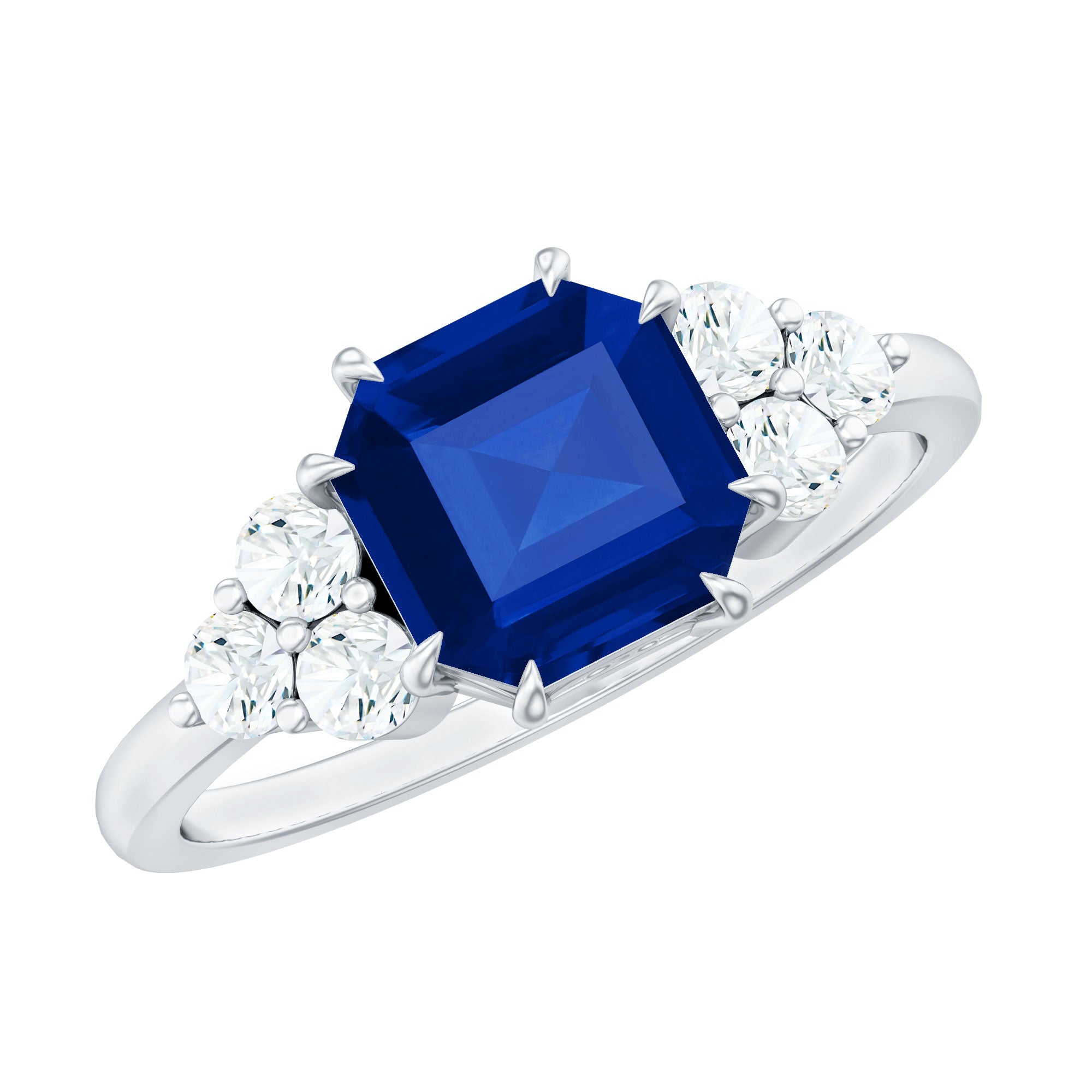 Certified 4.8 Carat Asscher Cut Lab Grown Blue Sapphire Engagement Ring with Diamond Trio AAAA - Rosec Jewels