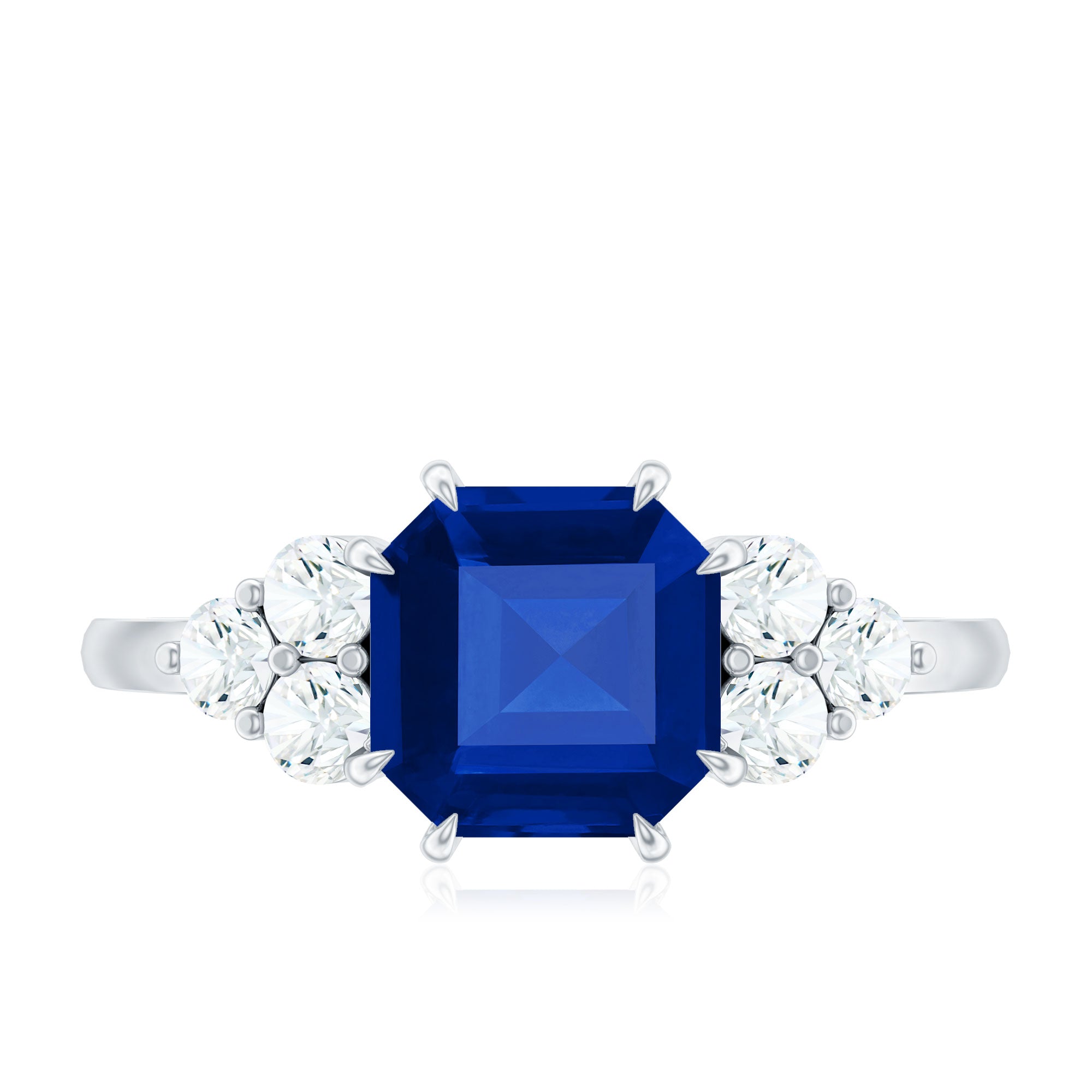 Certified 4.8 Carat Asscher Cut Lab Grown Blue Sapphire Engagement Ring with Diamond Trio AAAA - Rosec Jewels