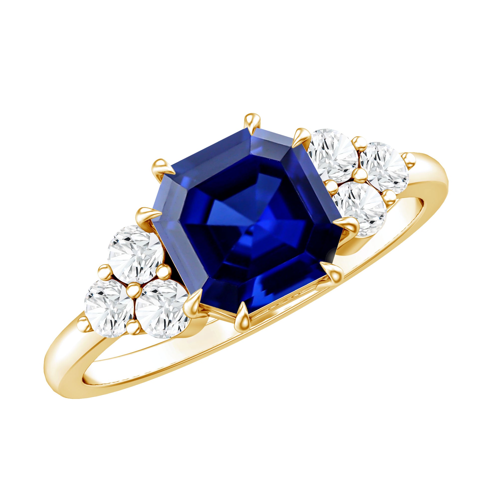 Certified 4.8 Carat Asscher Cut Lab Grown Blue Sapphire Engagement Ring with Diamond Trio AAAA - Rosec Jewels