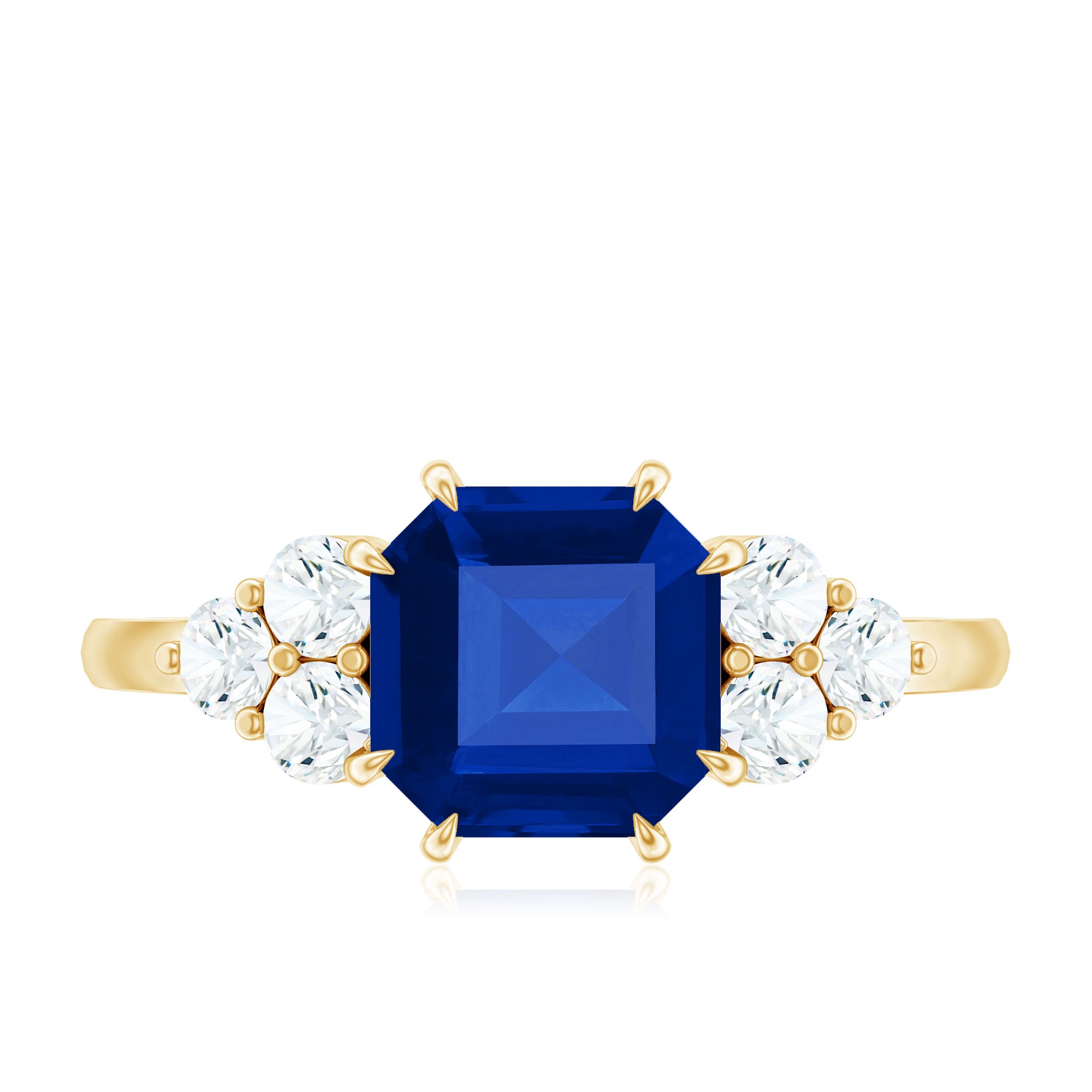 Certified 4.8 Carat Asscher Cut Lab Grown Blue Sapphire Engagement Ring with Diamond Trio AAAA - Rosec Jewels