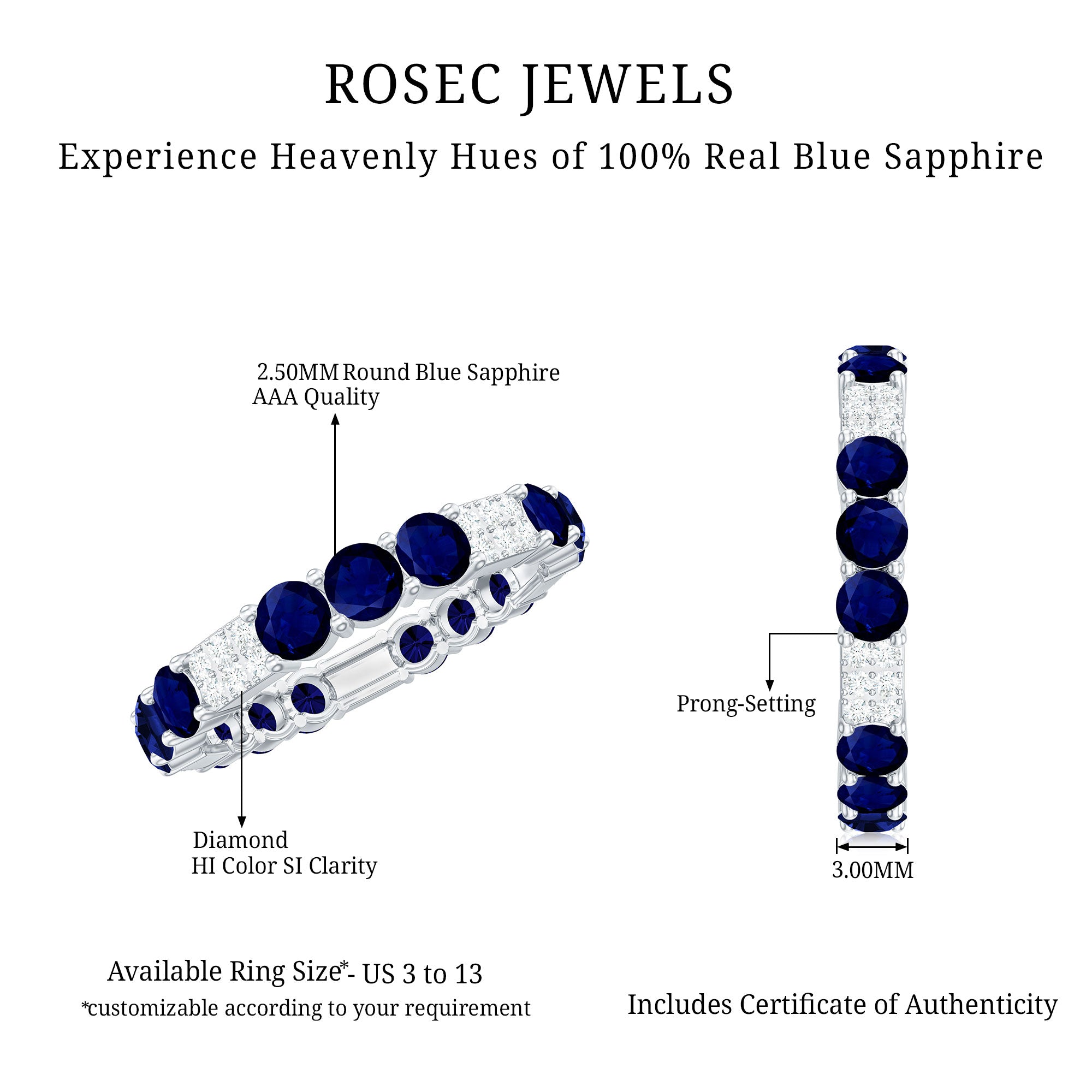 Natural Blue Sapphire and Diamond Eternity Wedding Band AAA - Rosec Jewels