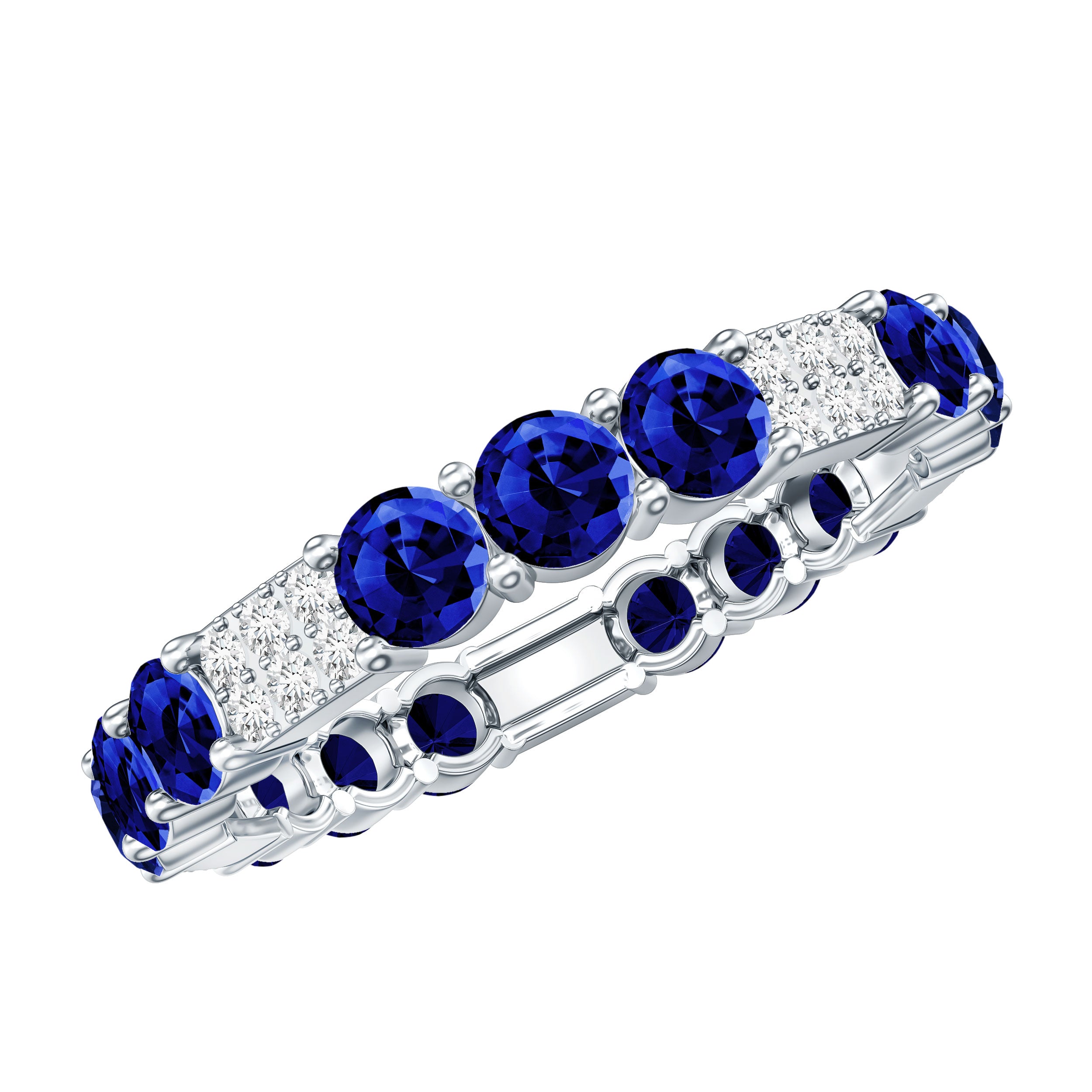 Certified Lab Grown Blue Sapphire Eternity Band Ring with Diamond AAAA - Rosec Jewels
