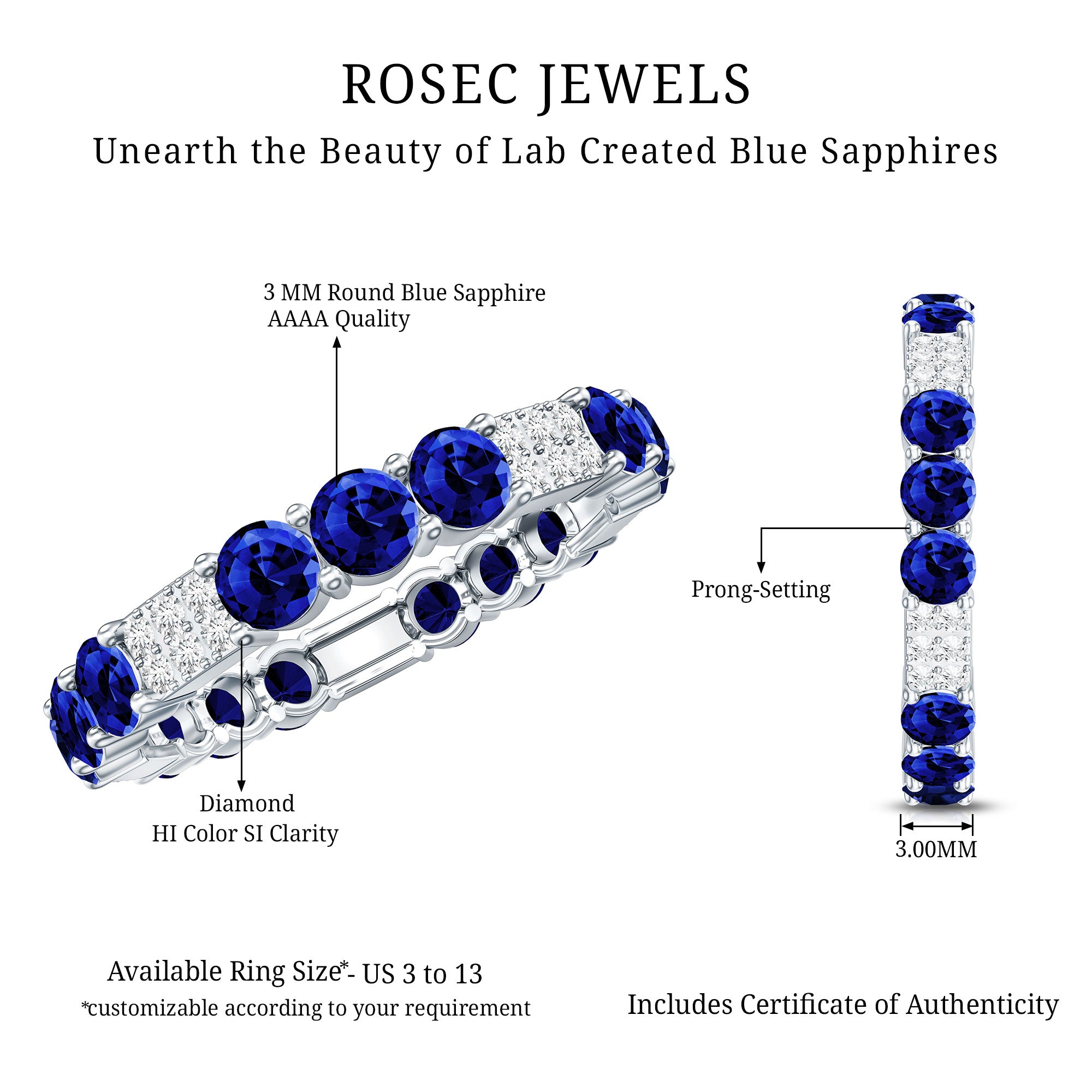 Certified Lab Grown Blue Sapphire Eternity Band Ring with Diamond AAAA - Rosec Jewels